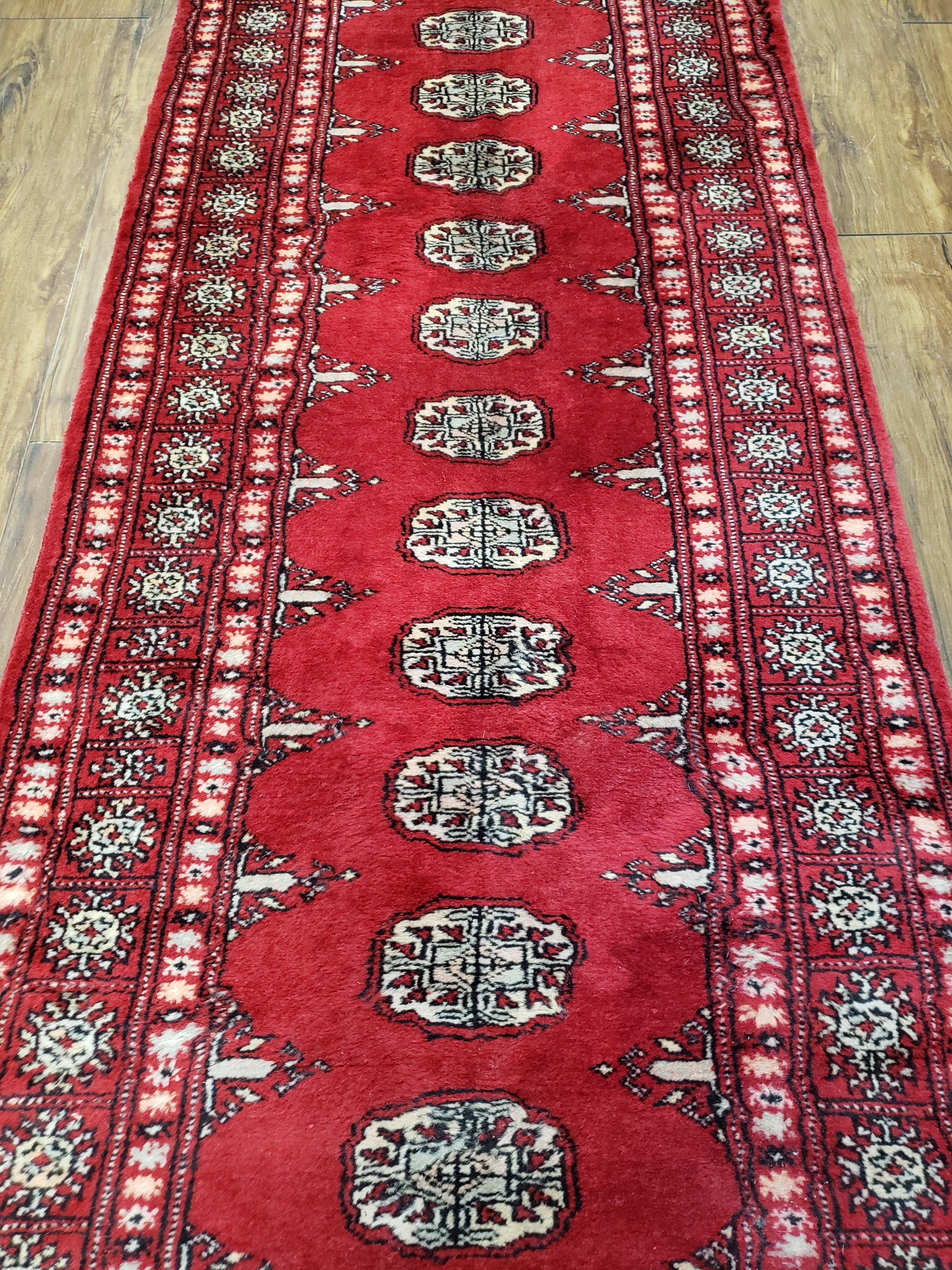 Vintage Bokhara Runner Rug 2.6 x 14, Wool Hand-Knotted Red & Ivory Pakistani Turkoman Yamud Hallway Carpet, Long Skinny Oriental Runner 14ft - Jewel Rugs