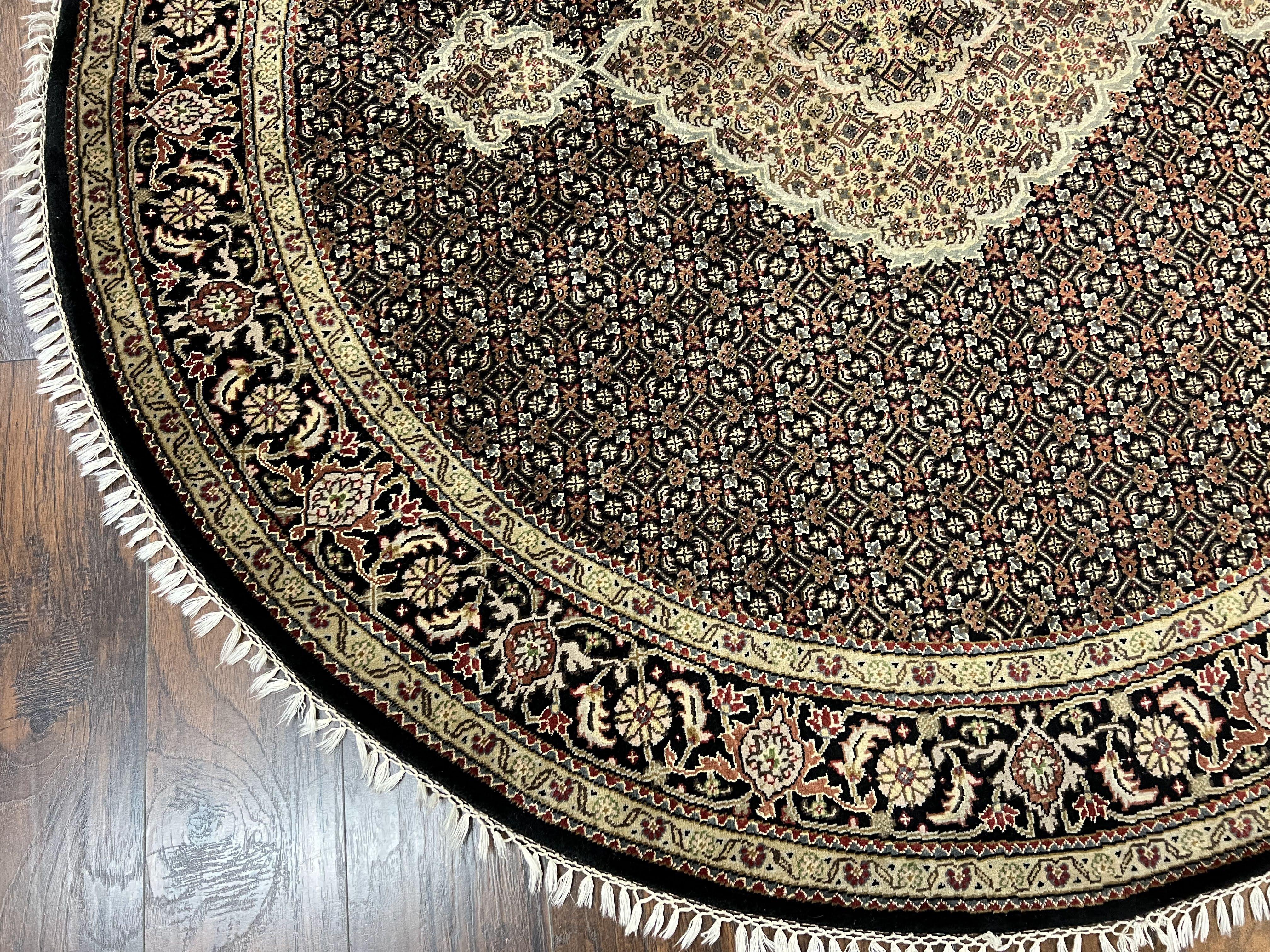 Round Oriental Rug 6.8 x 6.8 ft, Black and Beige Hand-Knotted Wool Indian Indo Persian Round Carpet, Herati Mahi Pattern, Vintage Round Rug - Jewel Rugs