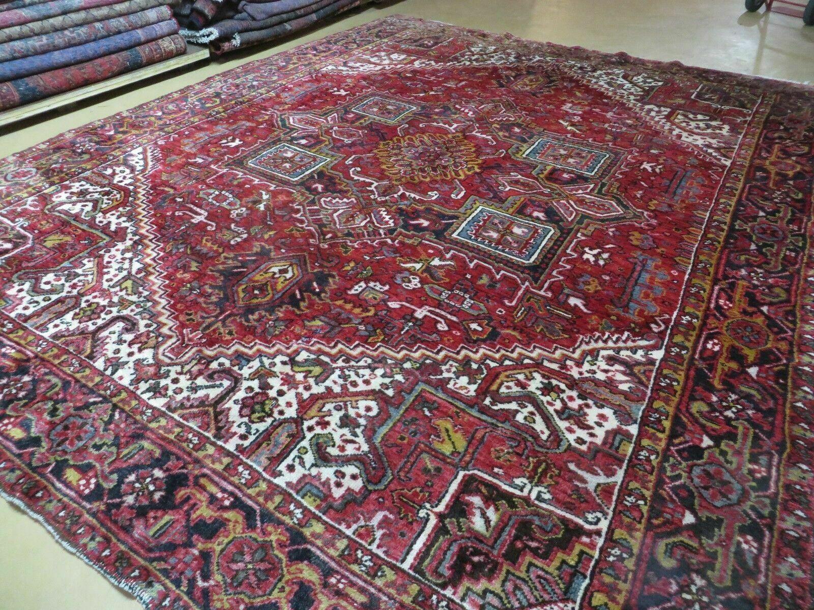 9' X 11' Antique Handmade Persian Geometric Design Heriz Serapi Oriental Wool Rug Nice Vegetable Dyes Top Quality Unique - Jewel Rugs