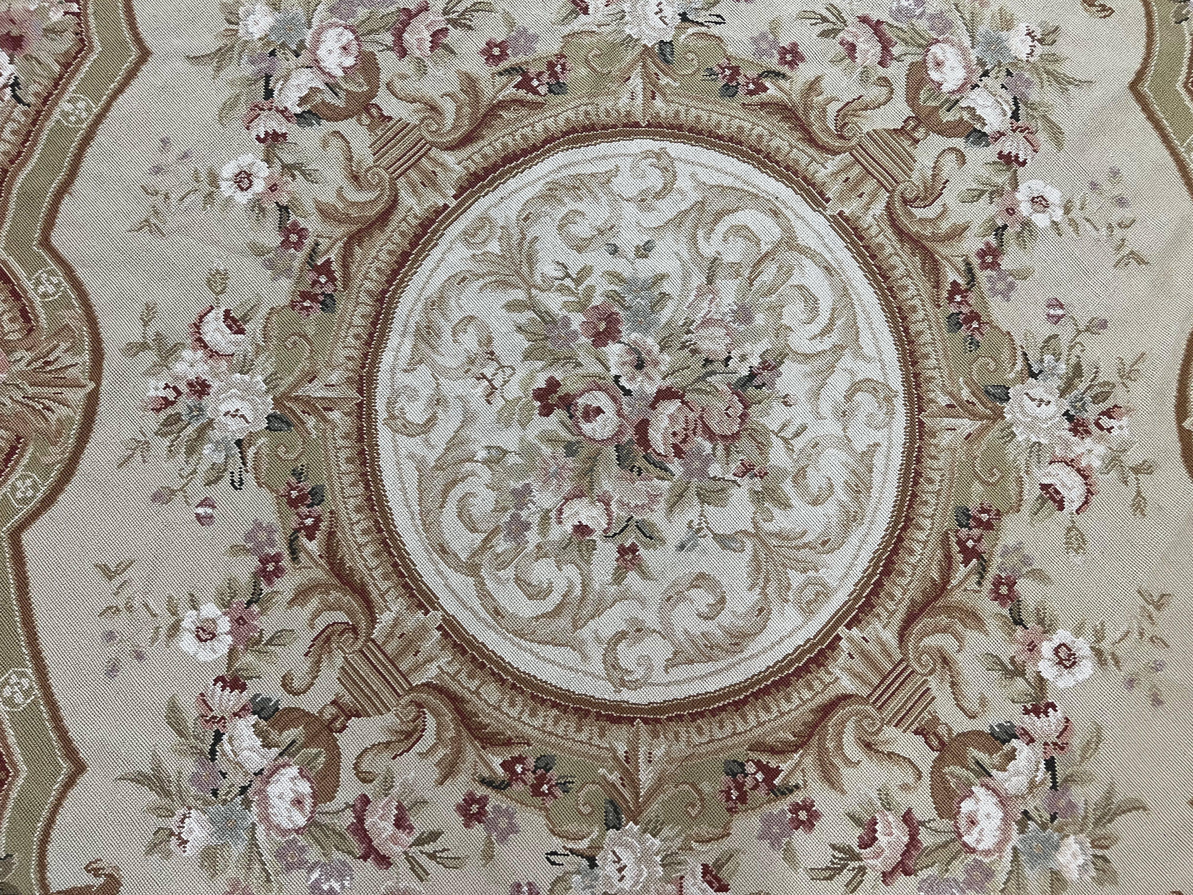 Round Needlepoint Rug 7x7 ft, Aubusson Savonnerie Round Carpet, Large Round Needlepoint, Elegant, Beige and Cream, Floral, Wool Handmade Rug - Jewel Rugs