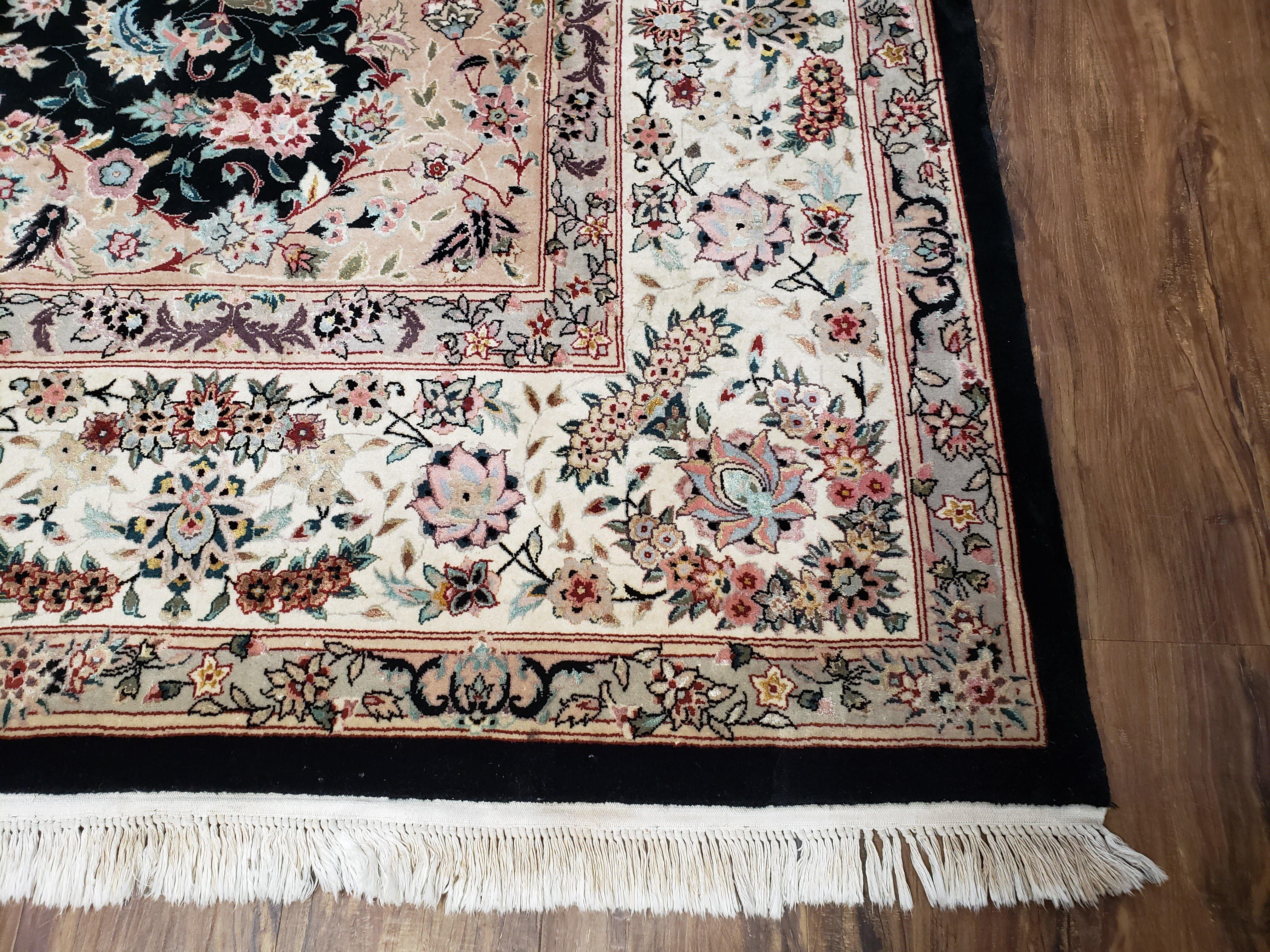 Stunning Sino Persian Rug 8x10, Elegant High Quality Handmade Carpet, Wool and Silk, Medallion with Corner Design, Floral, Black Ivory, Fine - Jewel Rugs