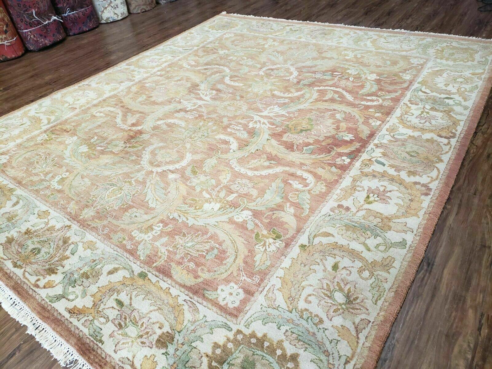 8' X 10' Handmade India Floral Wool Rug Carpet Tea Washed Nice Muted Red Beige - Jewel Rugs