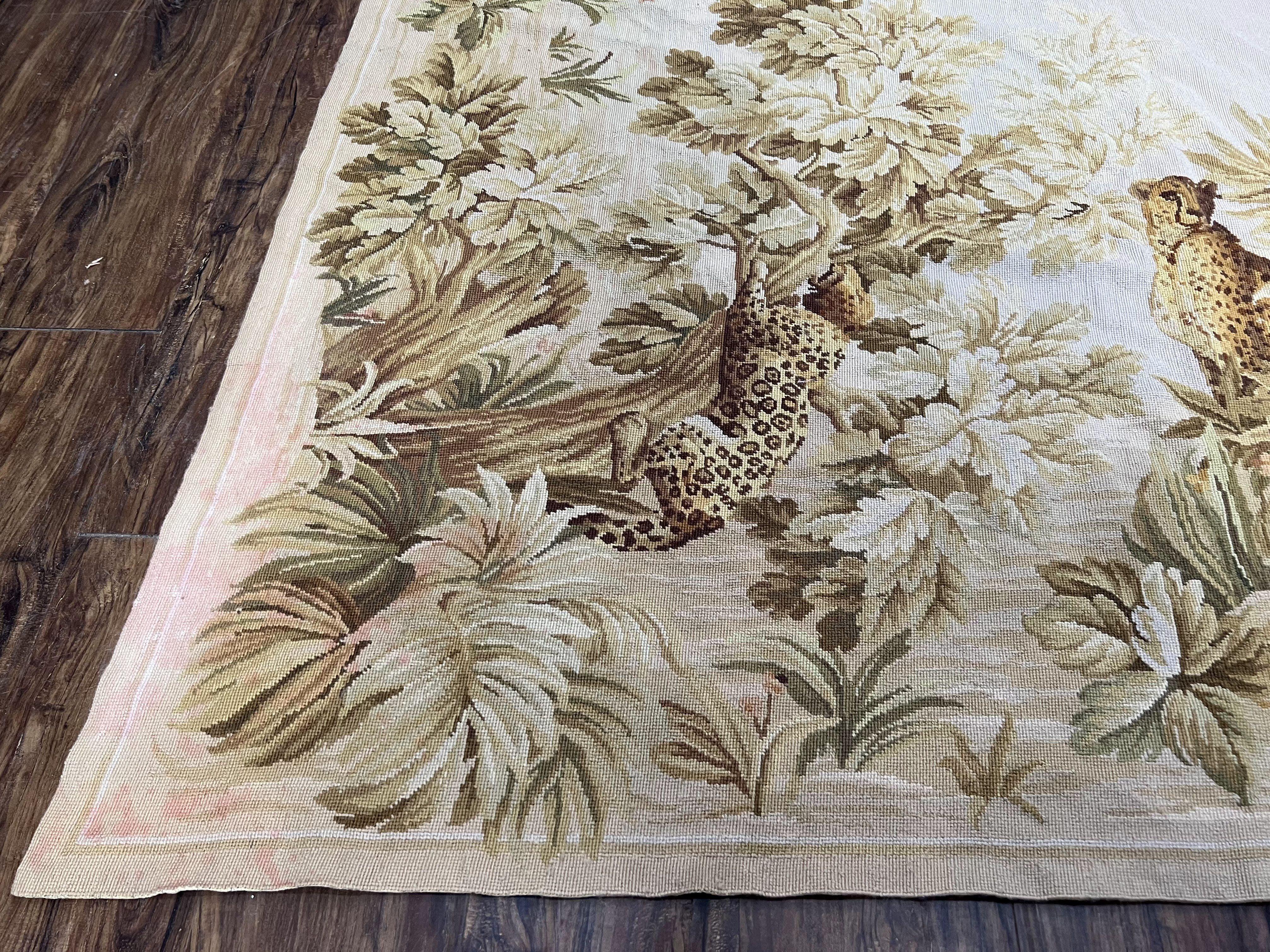 Aubusson Rug 6x9 French Aubusson Carpet, Flatweave Rug, Leopards and Flowers, Elegant Carpet, European Design, Wool Handwoven, Ivory Beige - Jewel Rugs