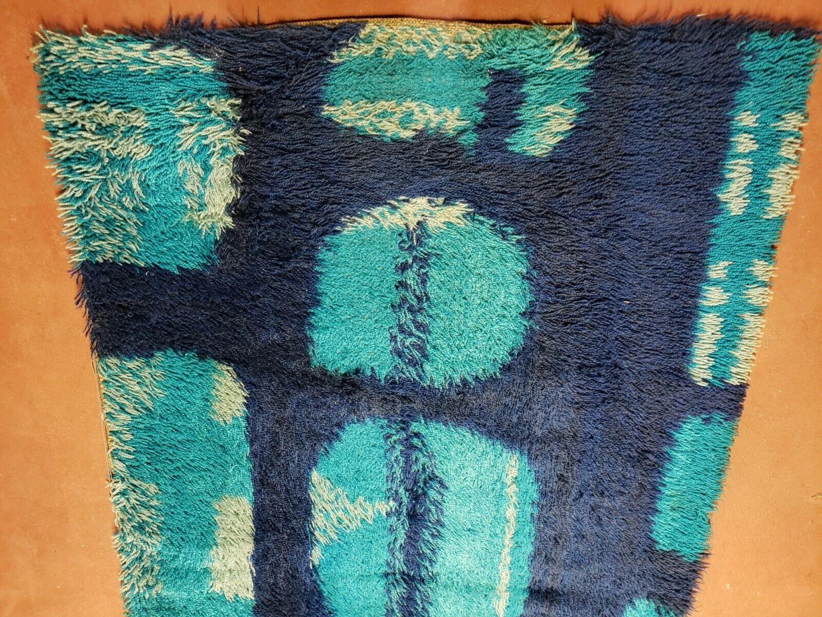 3' 3" X 5' 2" Vintage Danish Rya Shag DeLuxe Ege Rug Mid-Century Modern Blue - Jewel Rugs