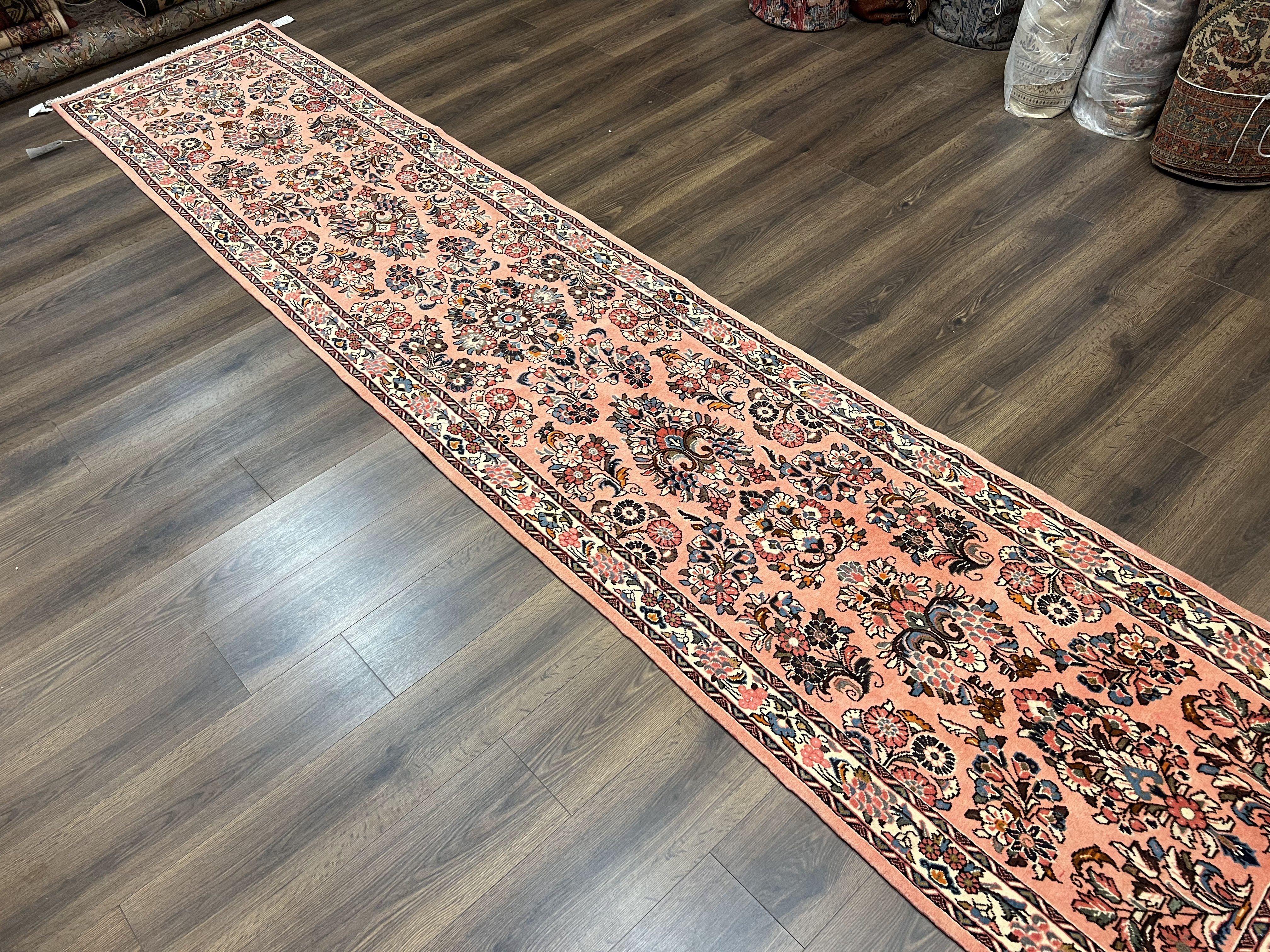 Persian Runner Rug 2.9 x 13.6, Semi Antique Vintage Persian Sarouk Hallway Rug, Wool Oriental Runner, Salmon and Cream, Floral Allover Hand Knotted - Jewel Rugs