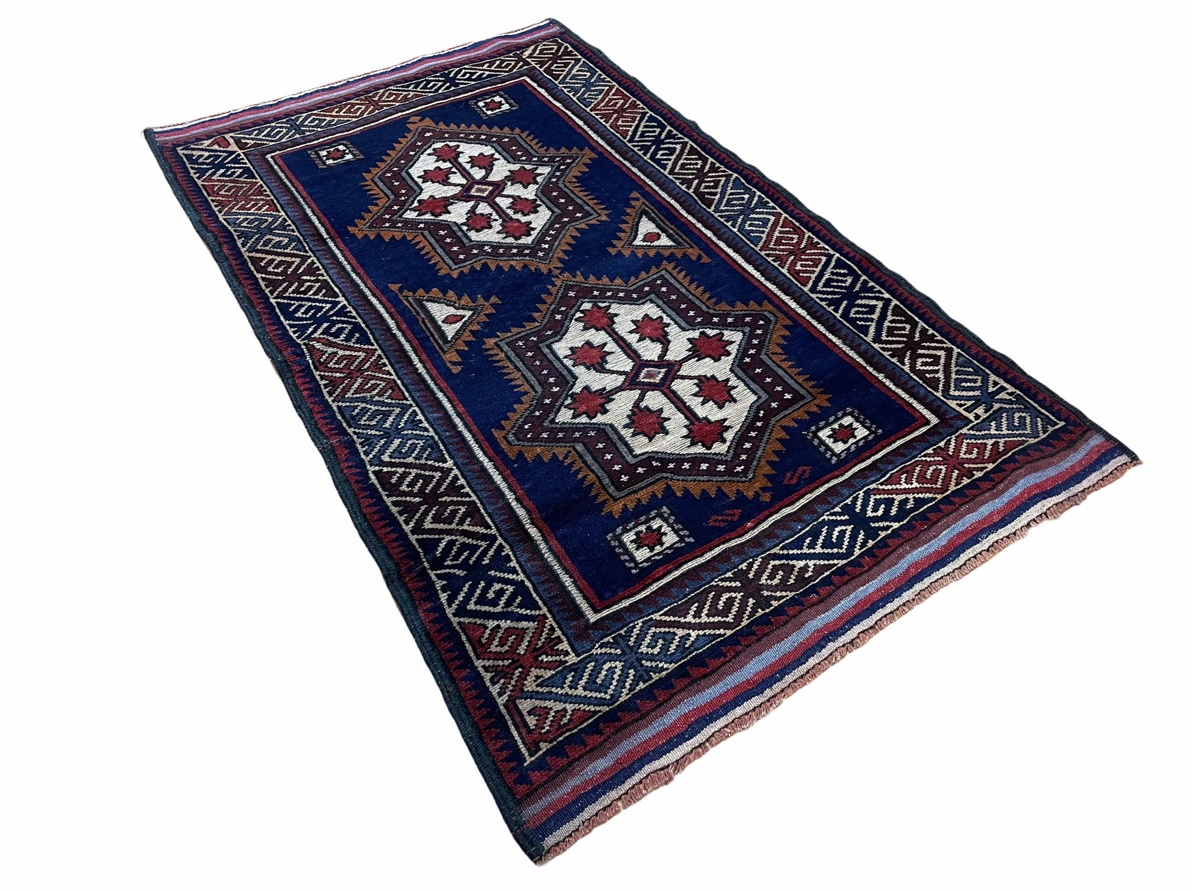 3 X 4 Handmade Tribal Wool Rug Baluchi Rug Afghan Balouch Rug Blue Red Beige - Jewel Rugs