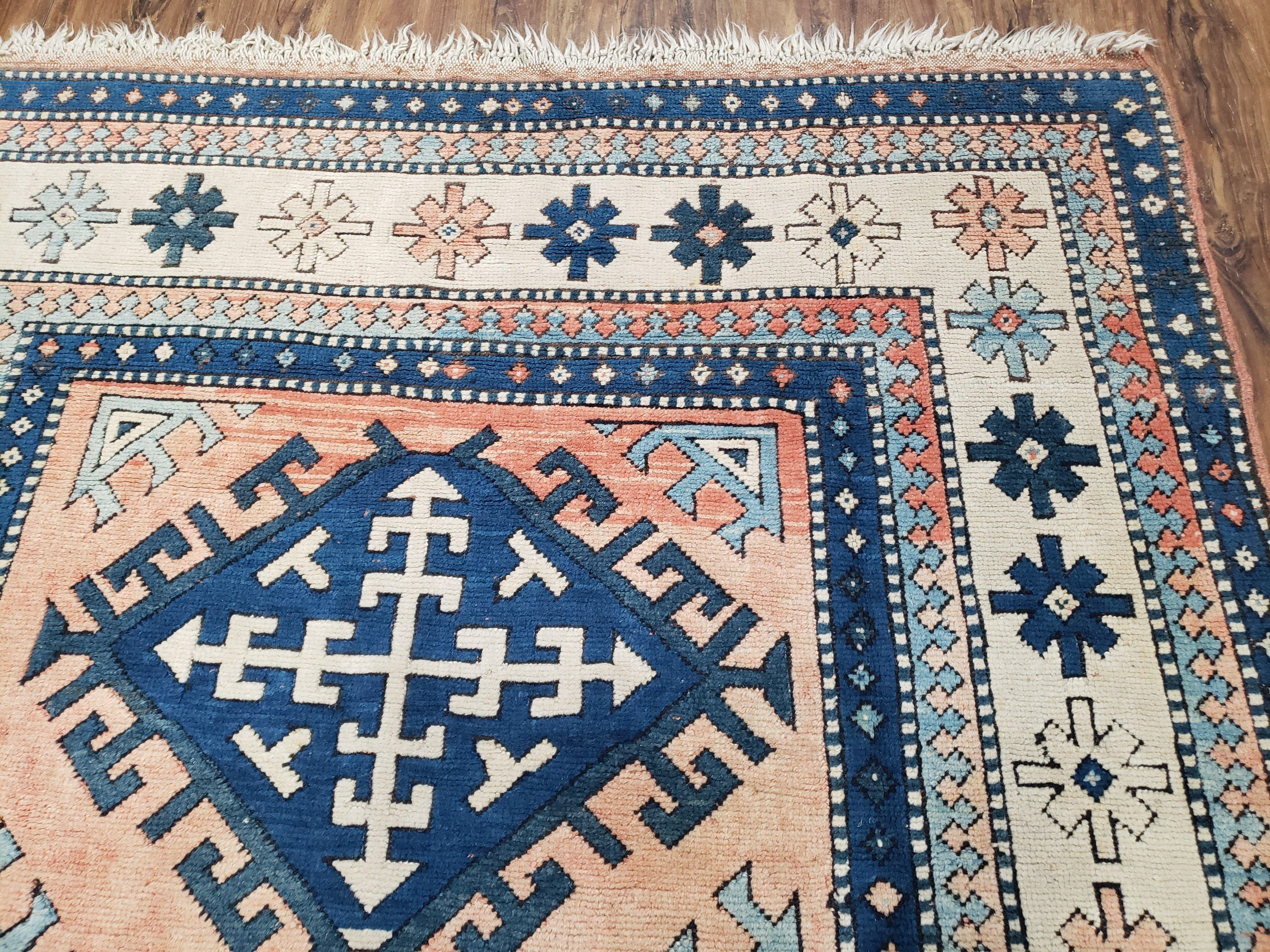 Turkish Kazak Rug 5x8 ft, Bold Geometric Bohemian Carpet, Blue and Ivory Hand Knotted Area Rug, Medium Sized High Quality Wool Oriental Rug - Jewel Rugs