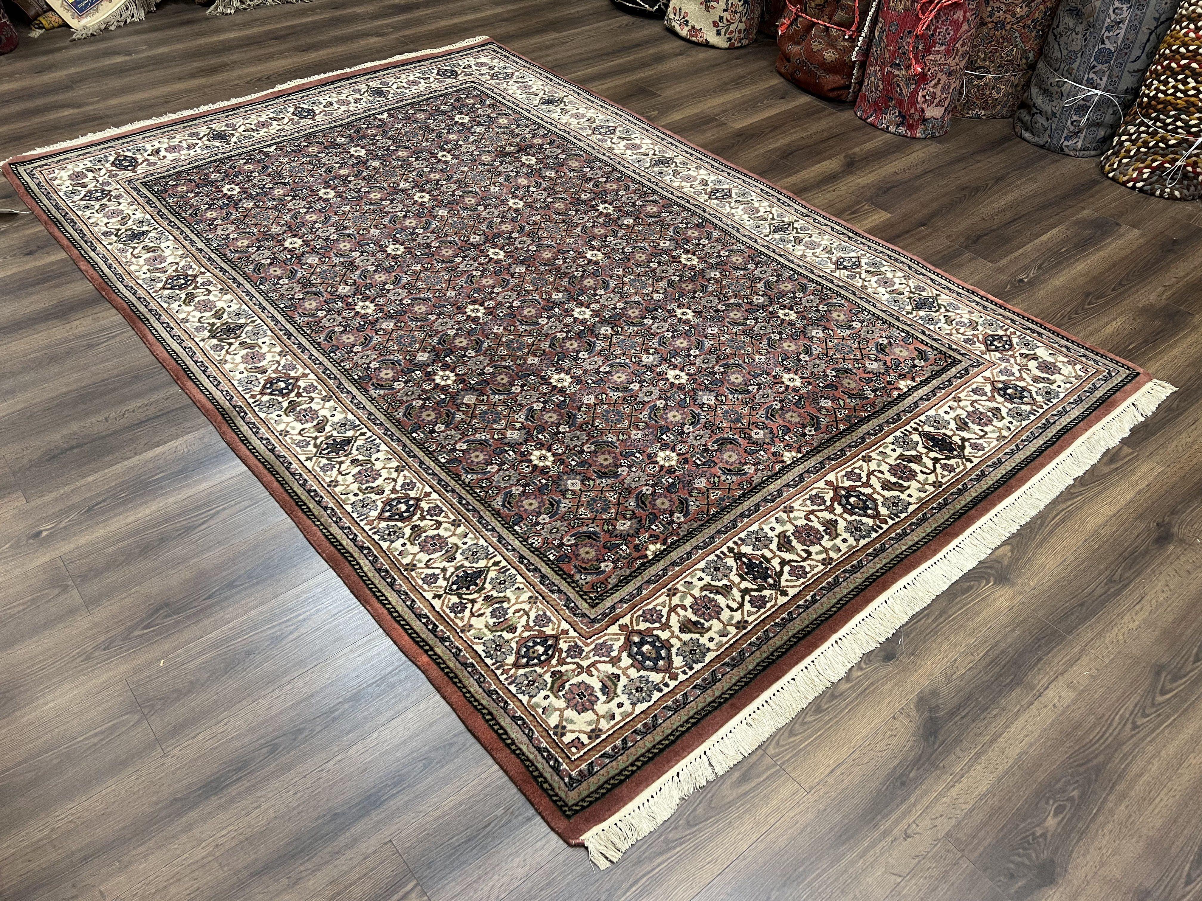 Indo Bidjar Rug 7x10, Indo Persian Bijar Carpet 7 x 10 ft, Herati Allover Floral, Maroon and Cream, Wool Hand Knotted Vintage Oriental Rug - Jewel Rugs