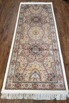 New Turkish Silk Runner Rug, Silk Carpet, Bamboo Silk, Persian Design, Fine, Dark Beige, Cream, Ivory, Central Dome Medallions 2' 8" x 6' 7" - Jewel Rugs