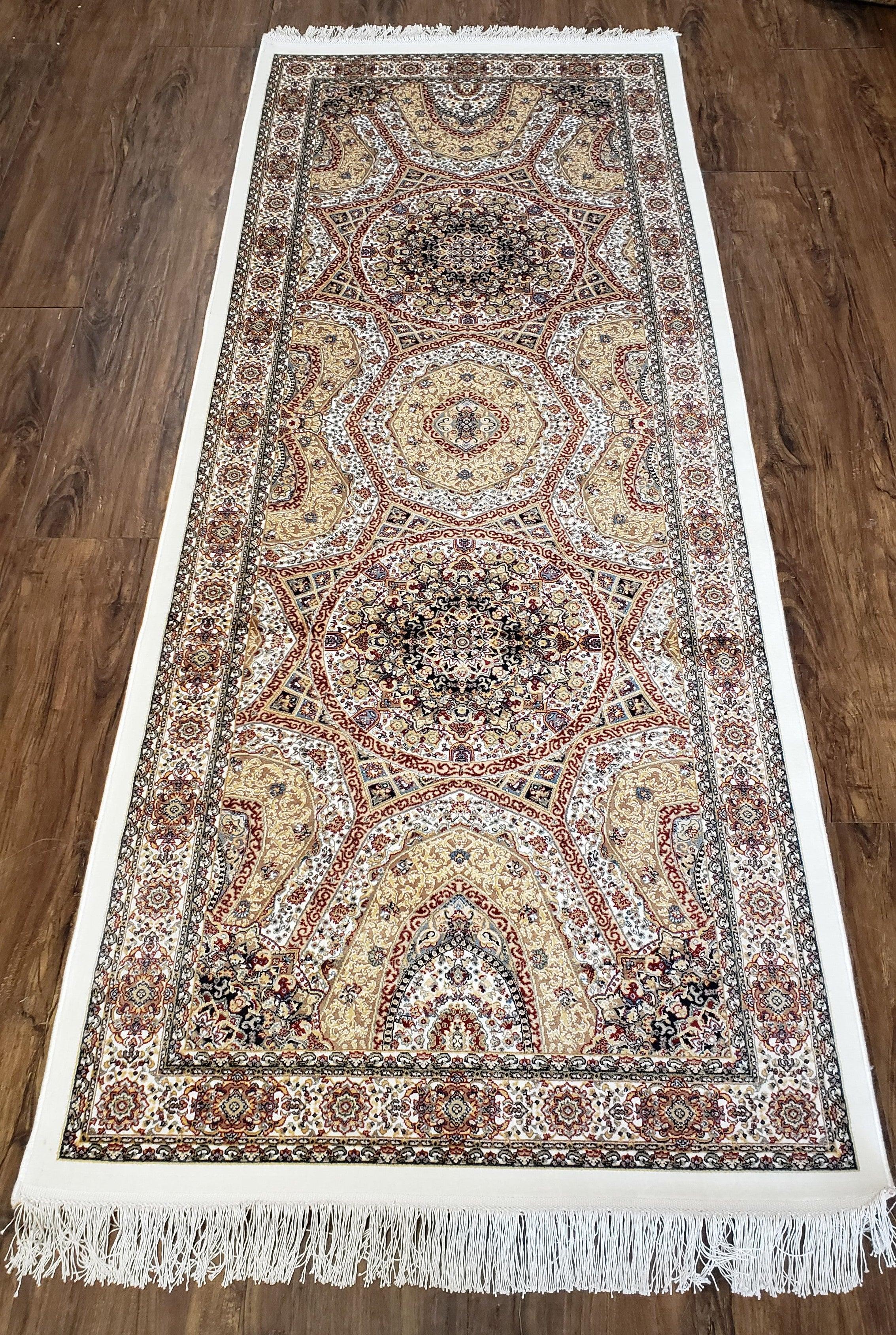 New Turkish Silk Runner Rug, Silk Carpet, Bamboo Silk, Persian Design, Fine, Dark Beige, Cream, Ivory, Central Dome Medallions 2' 8" x 6' 7" - Jewel Rugs