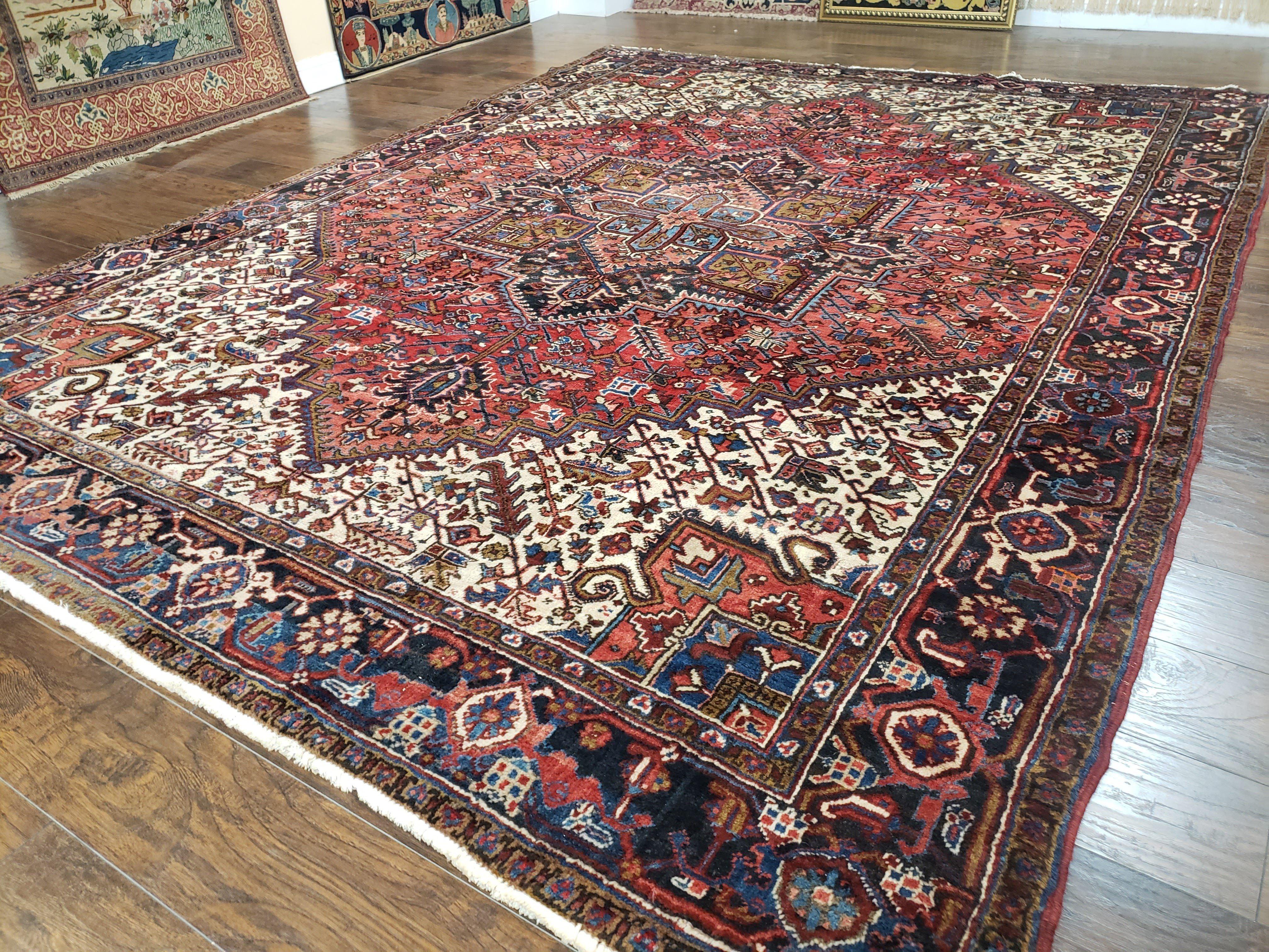 Antique Persian Heriz Rug, Hand-Knotted, Wool, Red Cream Dark Blue, 9' x 11' 10" - Jewel Rugs