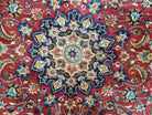 1950s Persian Mashad Rug 8' 3" x 11' 7", Room Sized Persian Carpet, Semi Antique, Medallion with Floral Allover Pattern, Red and Navy Blue Signature Master Weaver - Jewel Rugs