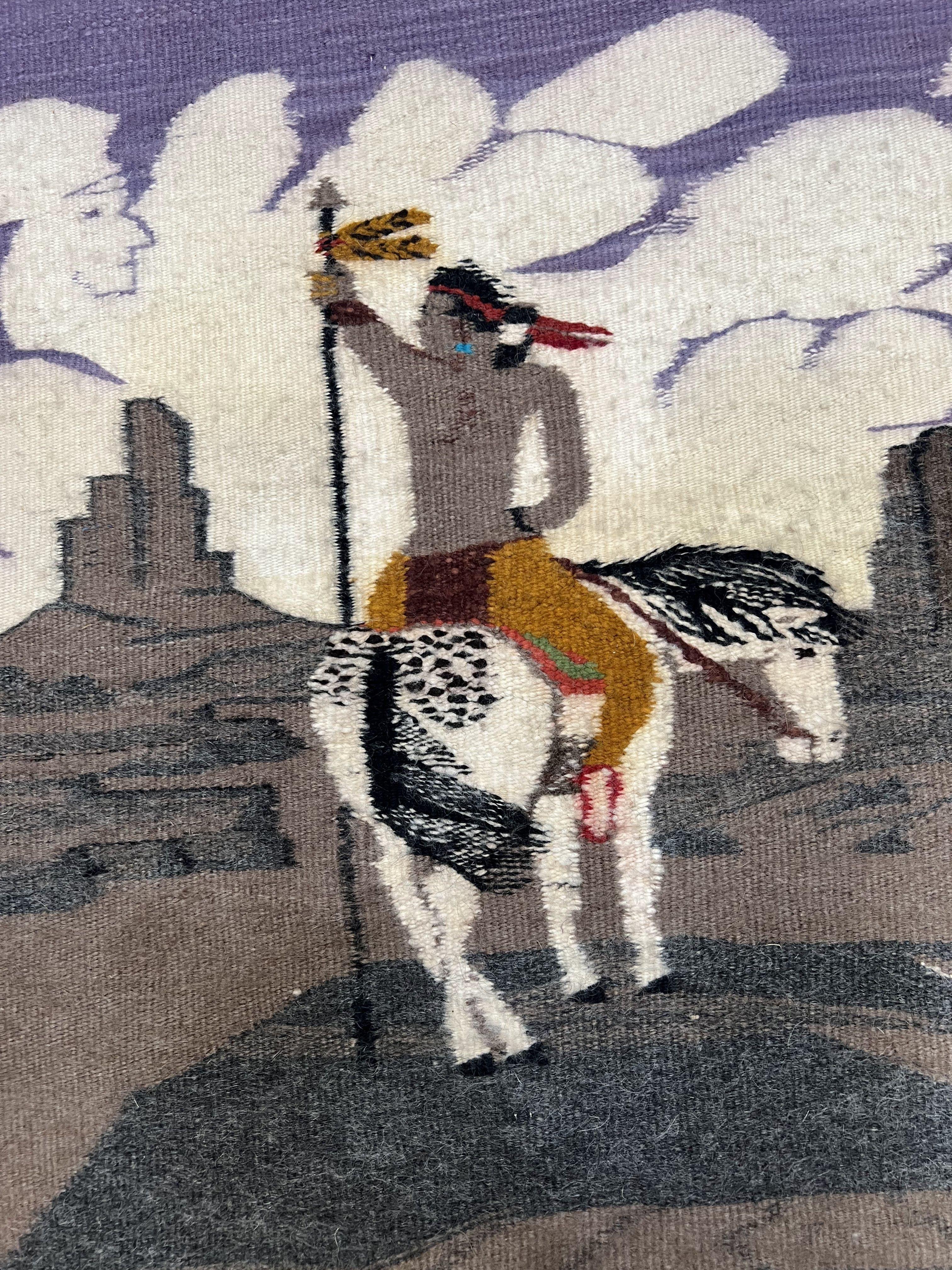 Antique Navajo Weaving, Navajo Textile 2.6 x 2.6, Small Square Navajo Rug, Native American Indian on Horse, Handmade, Wool, Collectible - Jewel Rugs