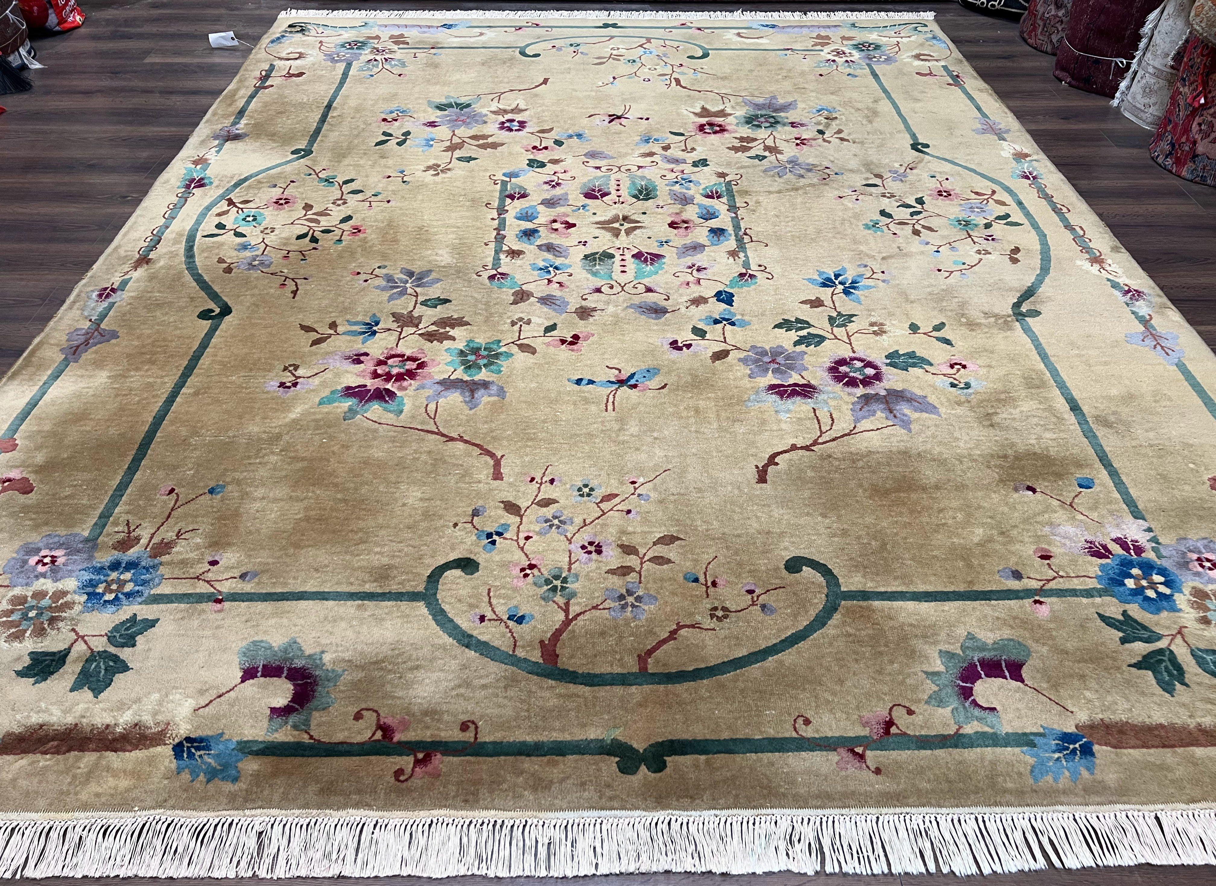 Chinese Art Deco Rug 9x12, Antique Nichols Carpet 9 x 12 ft, Peking Rug, Large Asian Oriental Room Sized Rug, Semi Open Field, Wool Handmade - Jewel Rugs