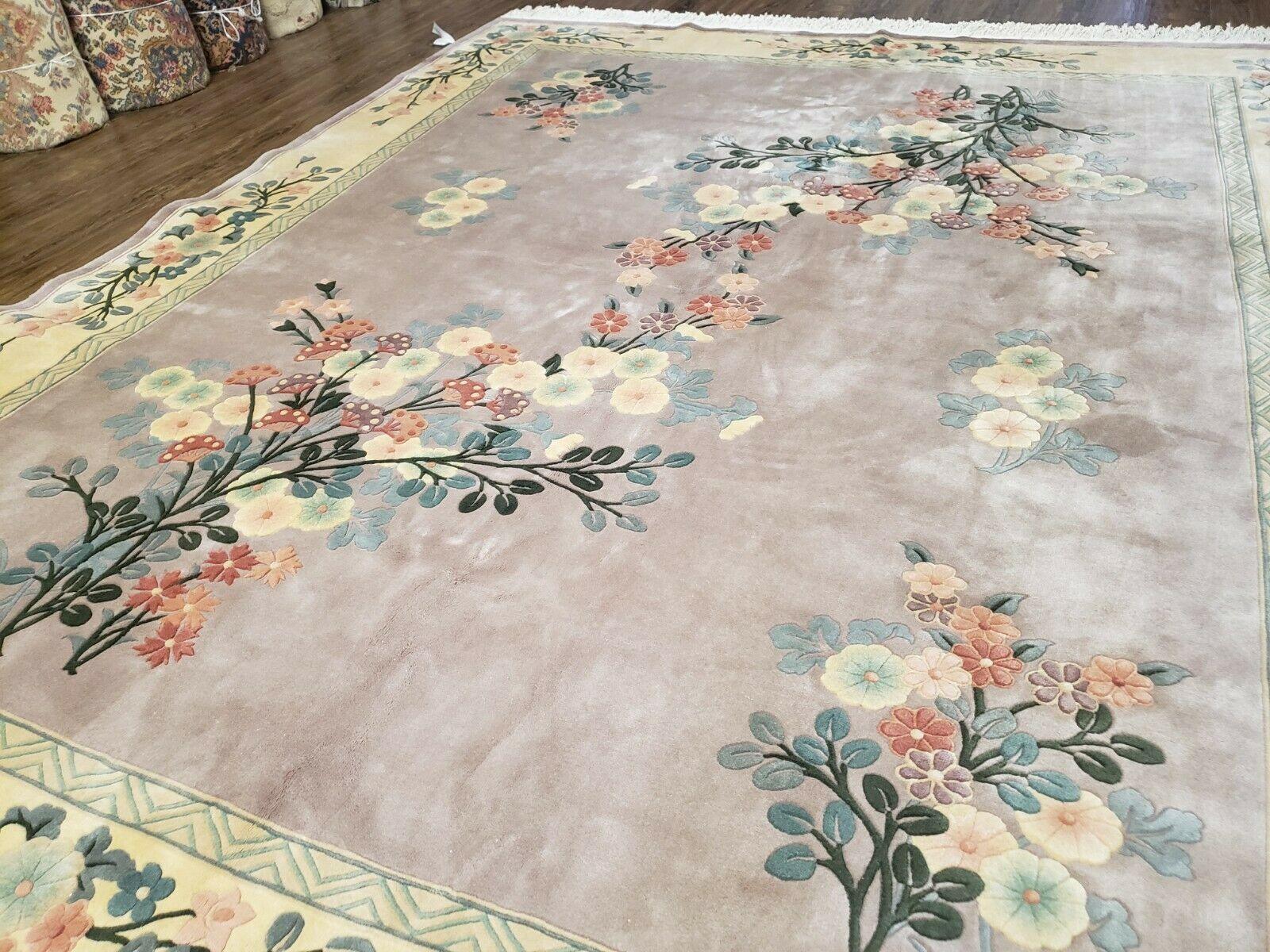 8' X 10' Vintage Handmade Chinese Art Deco 120 Lines Wool Rug Flowers Mauv - Jewel Rugs