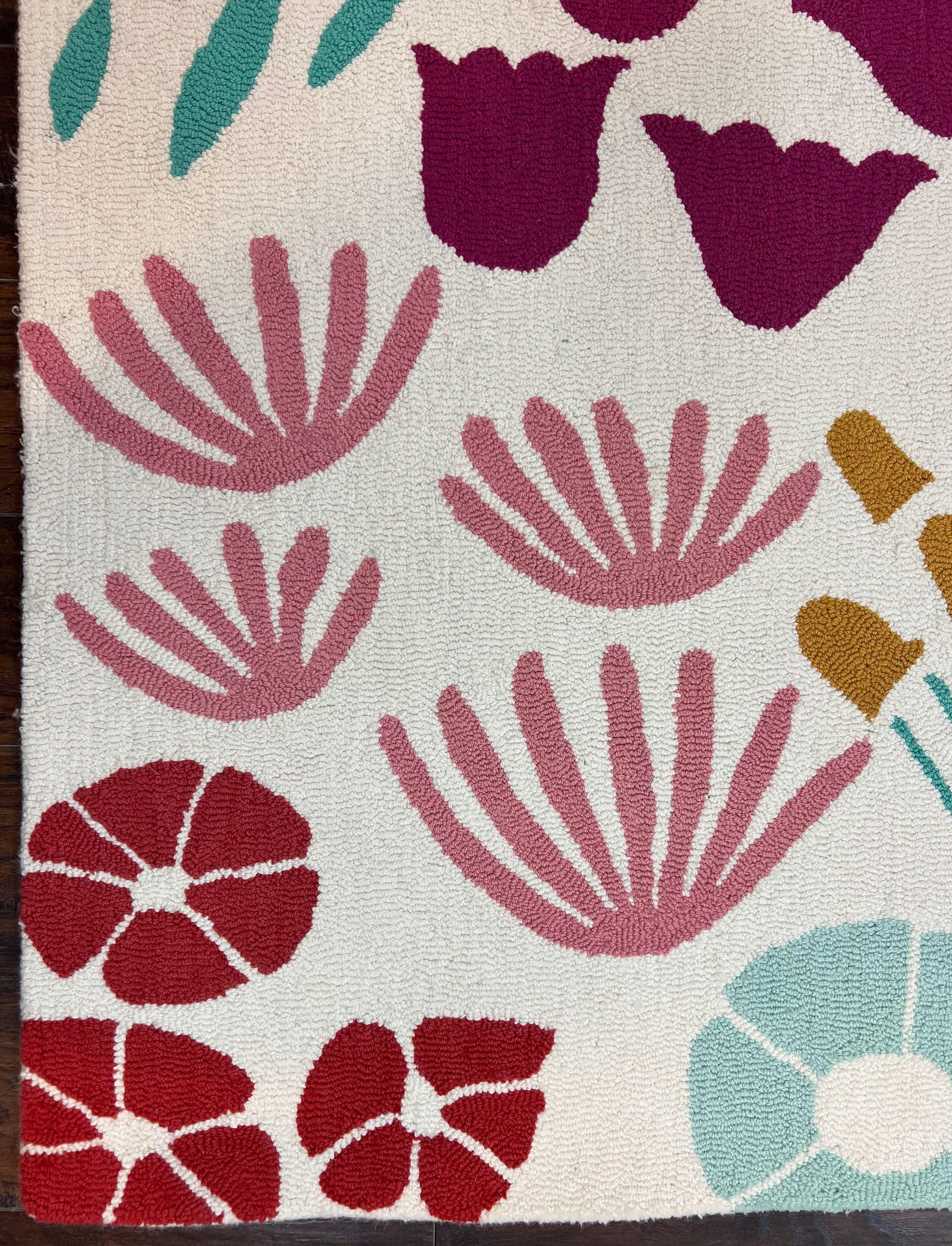 Large Floral Hooked Rug 8x10, Hand Tufted Modern Contemporary Red, Ivory and Multicolor Flowers, Wool Pile, 8 x 10 Area Rug, Living Room Rug - Jewel Rugs