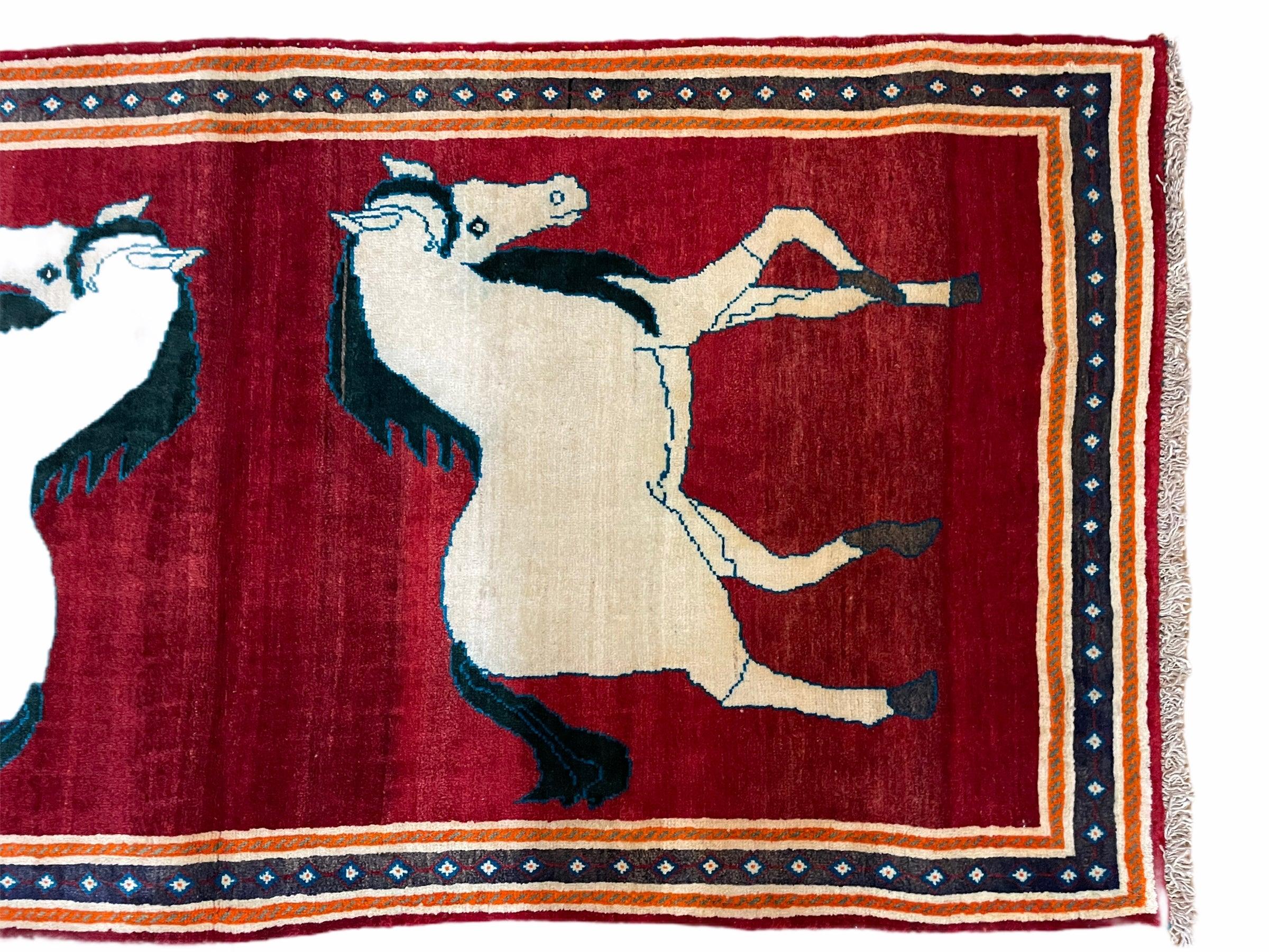 3.5 X 6 Handmade Hand-Knotted New Vintage Rug Quality Wool White Horses Red - Jewel Rugs