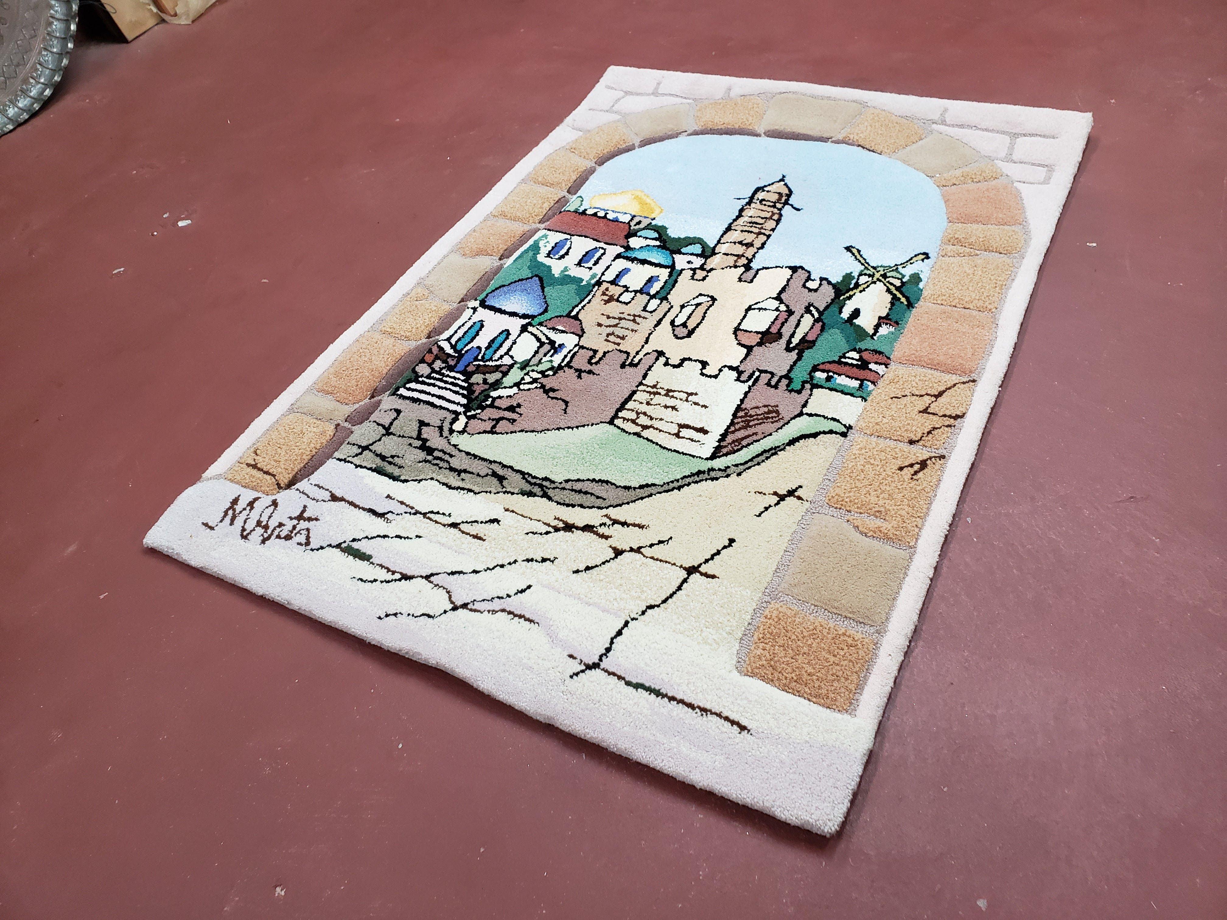 Small Judaica Rug, Rug with Jerusalem Pictorial, Chanuka Gift, Hand-Tufted, Jerusalem Gate, Vintage Judaica, Western Wall Rug, 3x4 Rug - Jewel Rugs