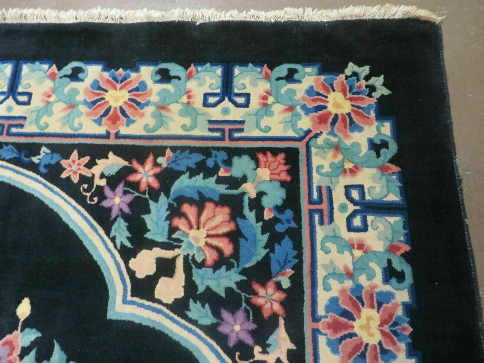 8' x 10' Vintage Handmade Art Deco Plush Chinese Wool Rug center Flower Black - Jewel Rugs