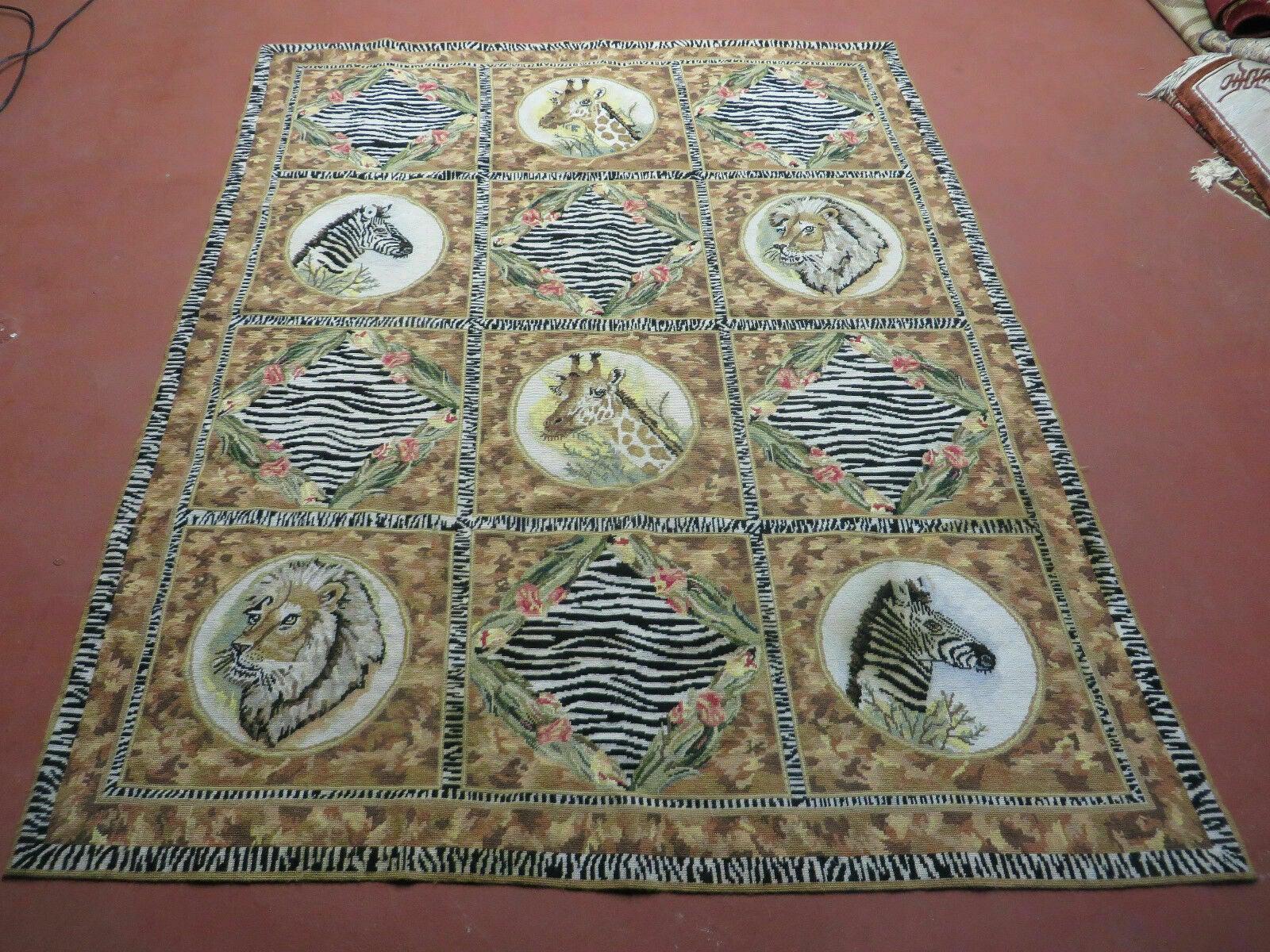 5' X 6' Handmade Aubusson Savonnerie Design Needlepoint Rug Flat Safari Zebra Rare Bohemian Eclectic Home Décor - Jewel Rugs