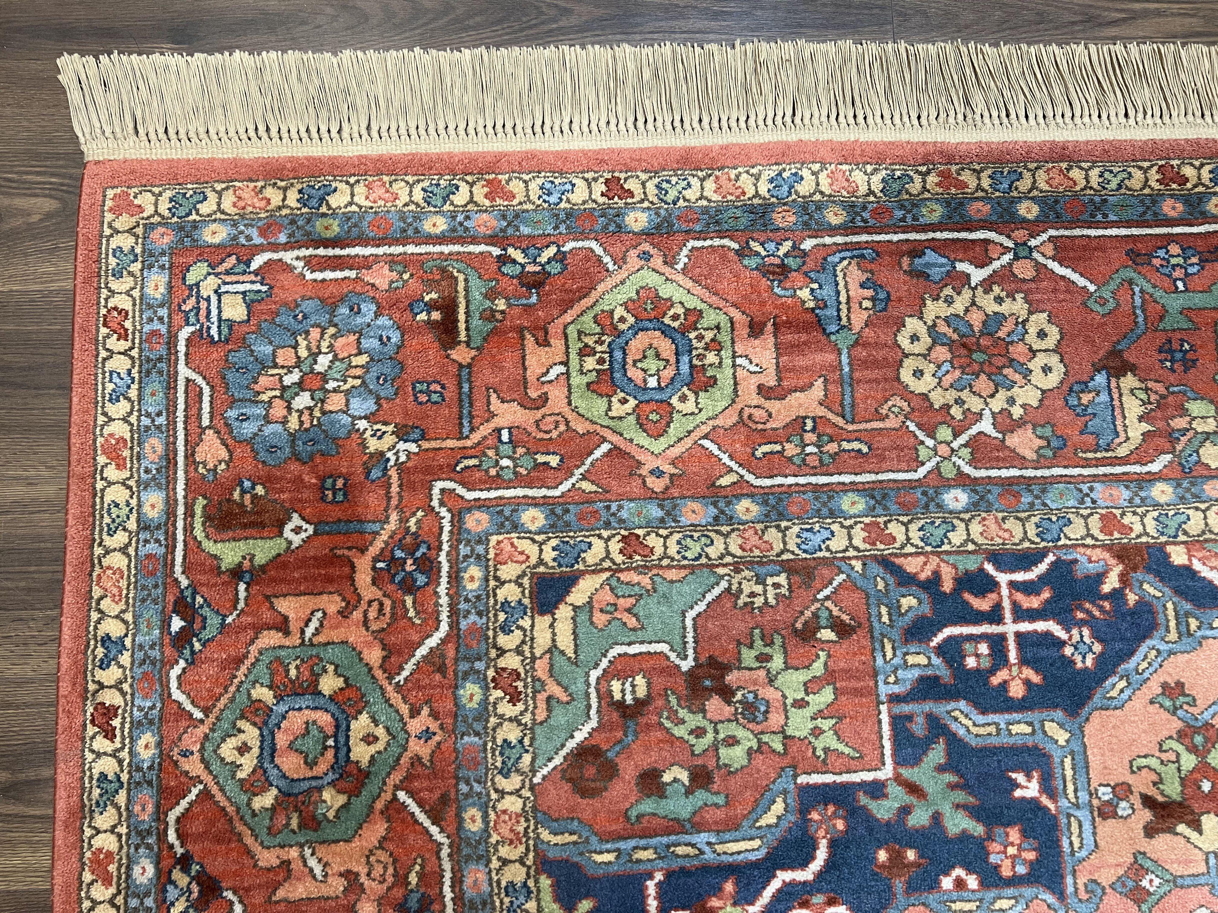 Karastan Medallion Serapi Rug #736, Vintage Wool Karastan Carpet 8.8 x 12, Discontinued Original 700 Series Karastan Area Rug, Red Blue - Jewel Rugs