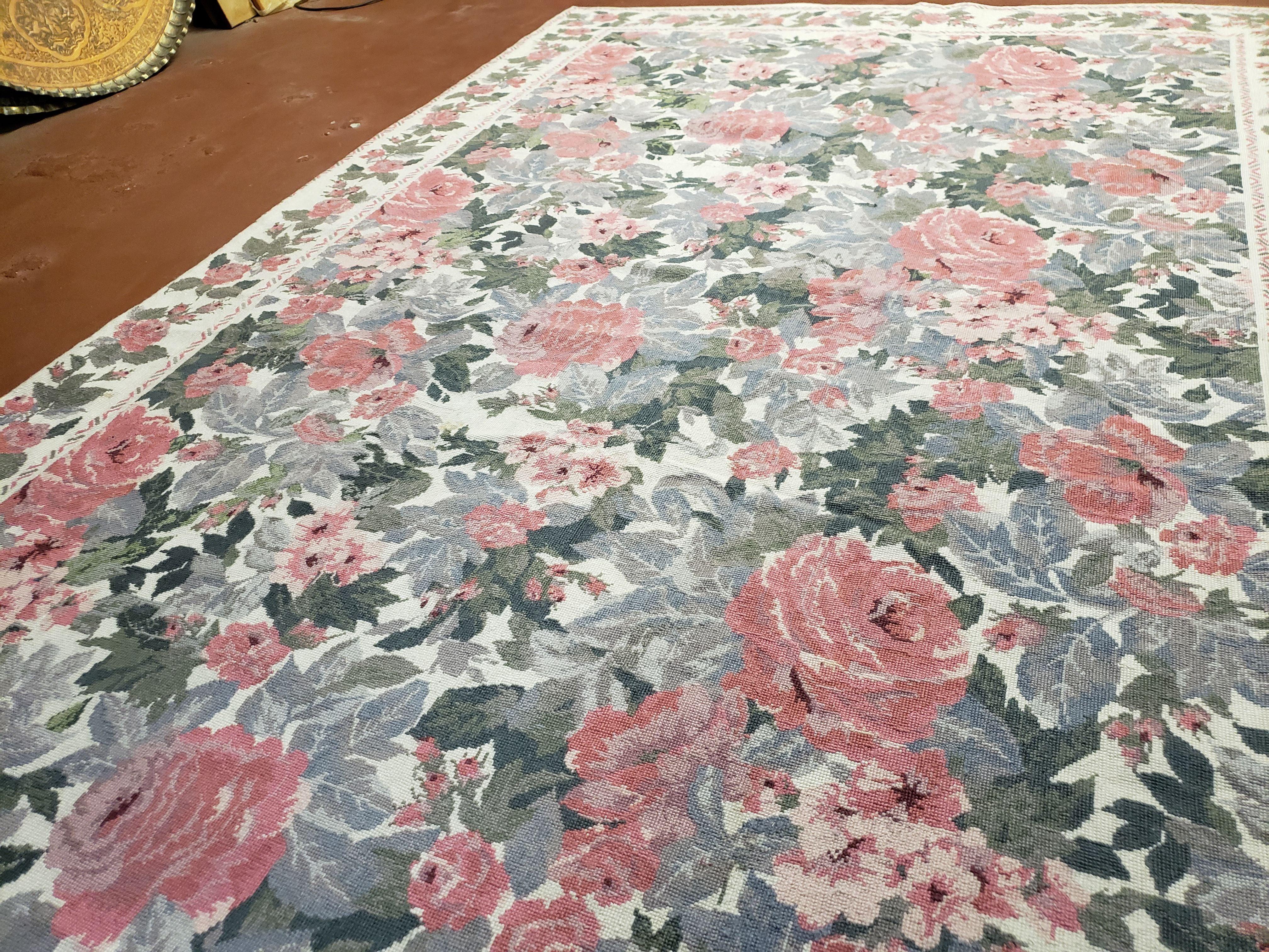 5x8 Needlepoint Rug 5' 4" x 8' 3" Wool Flat Weave Floral New Unused Carpet English Design Ivory Large Pink Flowers Green Leaves Hand-Knotted - Jewel Rugs