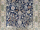 Semi Antique Persian Qum Tree of Life Rug, Hand-Knotted, Wool, Midnight Blue and Tan, Animal Pictorials, Written Poem in Borders, 4' 8" x 7' 8" - Jewel Rugs