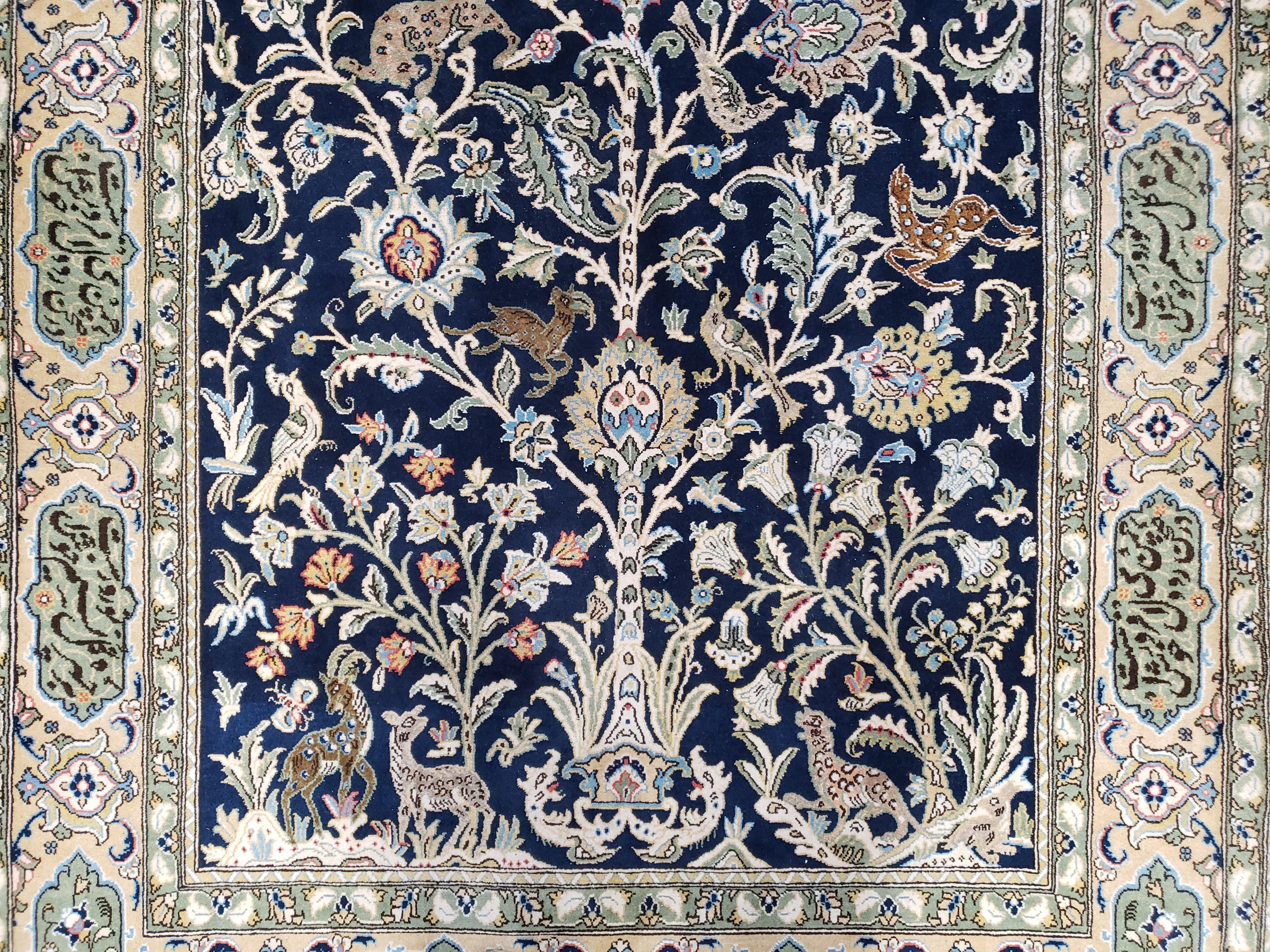 Semi Antique Persian Qum Tree of Life Rug, Hand-Knotted, Wool, Midnight Blue and Tan, Animal Pictorials, Written Poem in Borders, 4' 8" x 7' 8" - Jewel Rugs