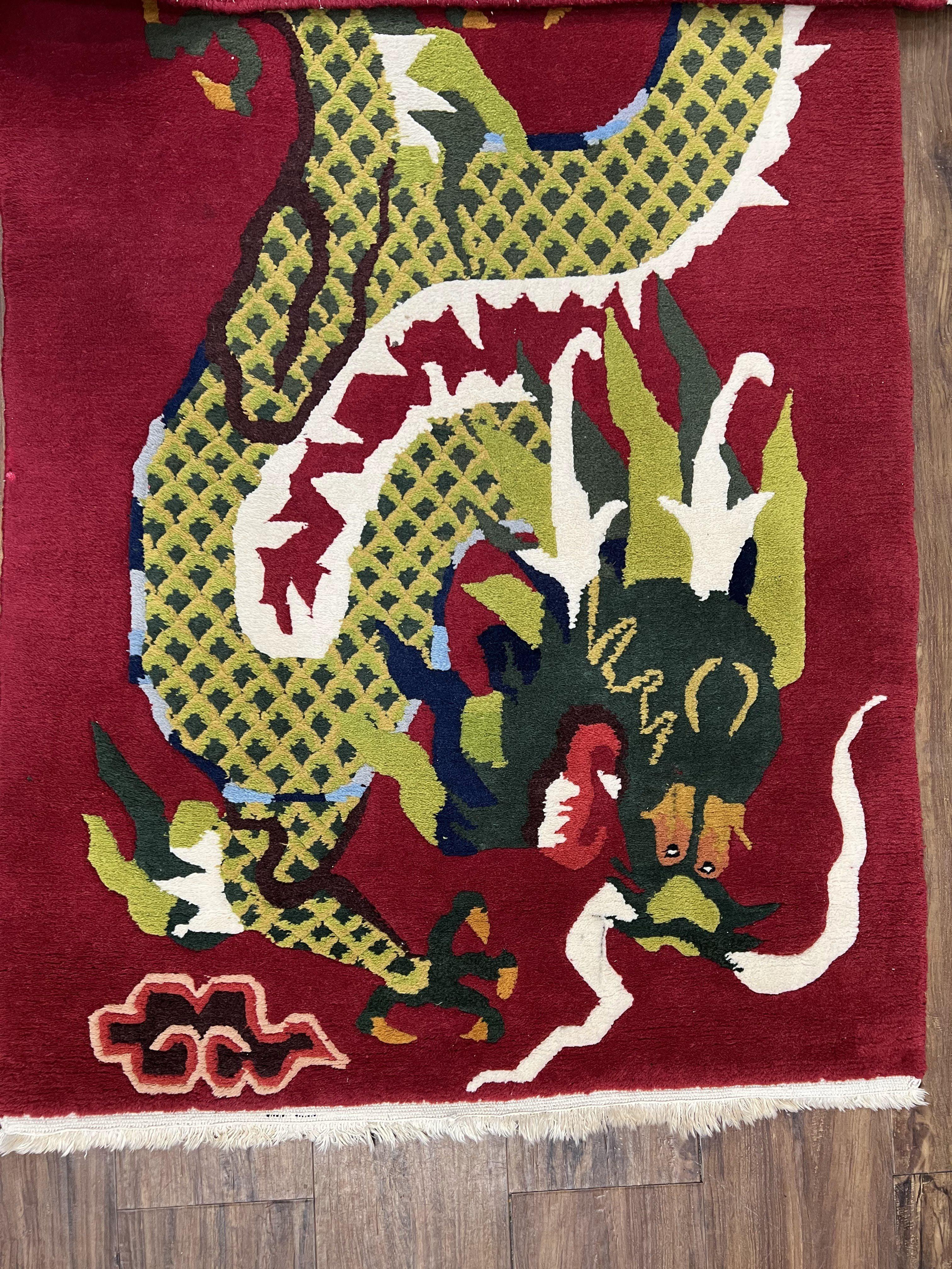 Vintage Chinese Dragon Rug 3 x 6.8, Handmade Hand Knotted Red Chinese Carpet with Gold Dragon, Art Deco Peking Soft Chinese Rug Runner - Jewel Rugs