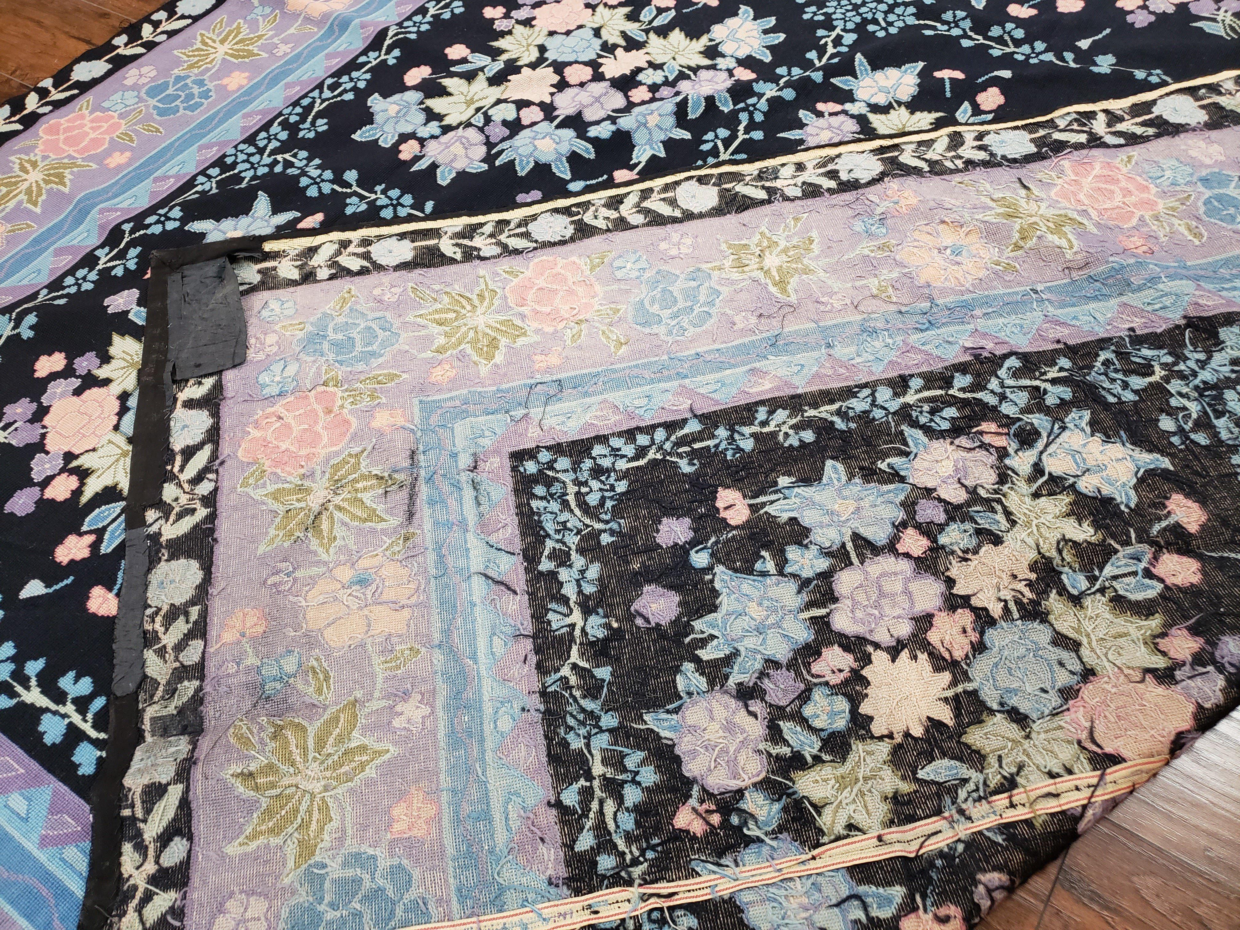 Chinese Needlepoint Rug 8 x 11.4, Hand-Woven Area Carpet, Flatweave Rug, Black Blue Light Violet Floral Garden European Design Wool Aubusson - Jewel Rugs