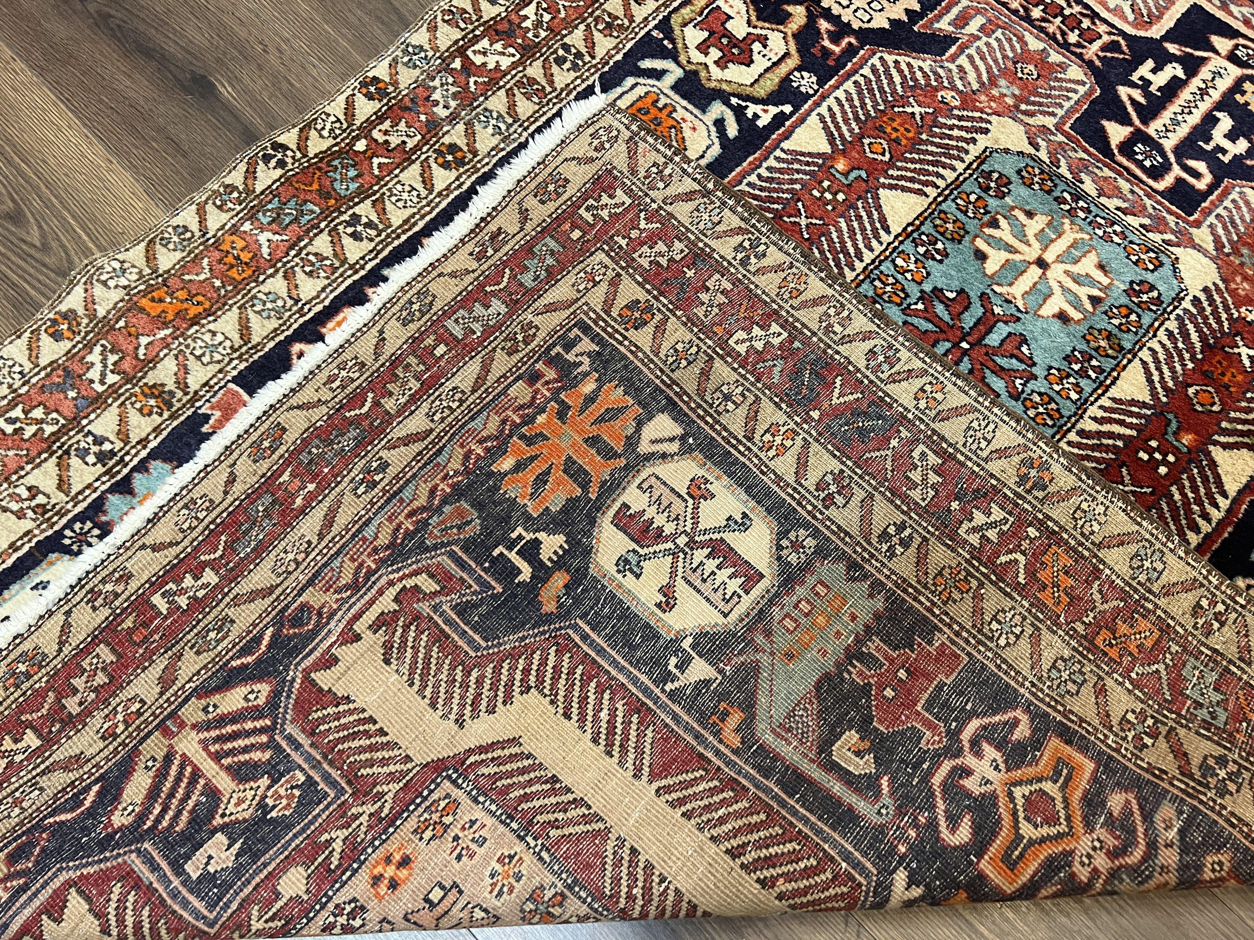 Unique Persian Tribal Runner Rug 4x10, Northwestern Persian Ardabil Runner, Birds Peacock Pictorials, Wool Antique Runner, Hand Knotted, Midnight Blue and Red - Jewel Rugs