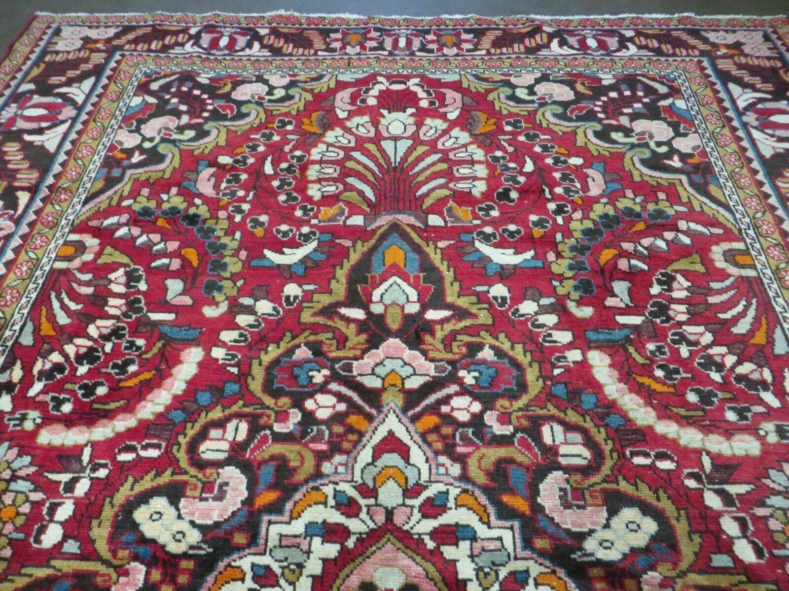 7' X 10' Antique Handmade Indian Agra Wool Rug Hand Knotted Vegetable Dyes Red - Jewel Rugs