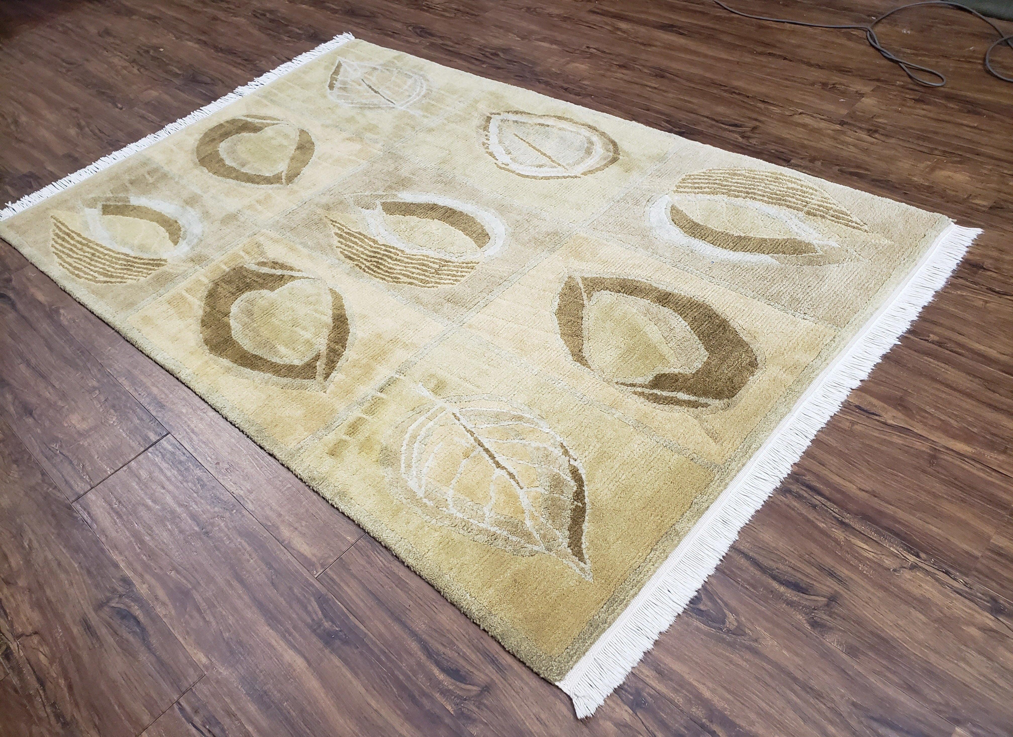 Contemporary Stickley Designer Rug 4x6, Wool Hand-Knotted Cream Beige Mocha Modern Nepali Tibetan Carpet, 4 x 6 Foyer Room Soft Rug, Leaves - Jewel Rugs