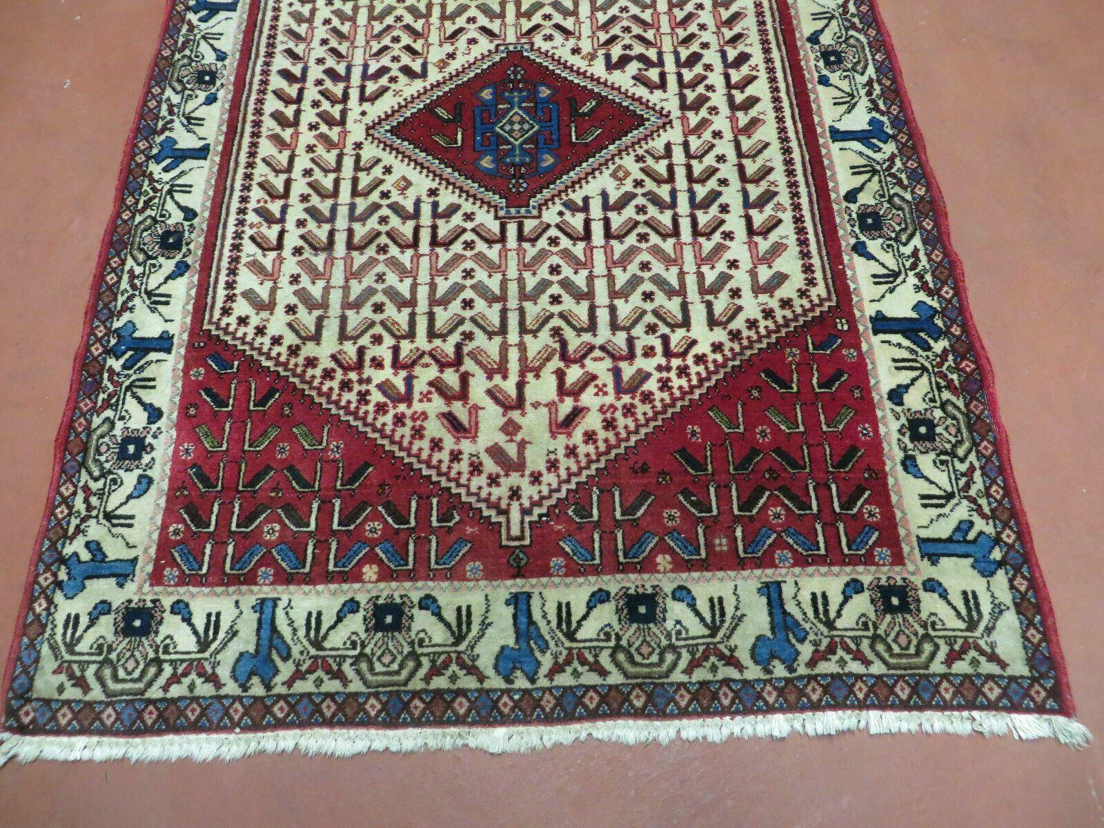 3' X 5' Vintage Handmade India Geometric Oriental Wool Rug Nice Birds Ivory Red - Jewel Rugs