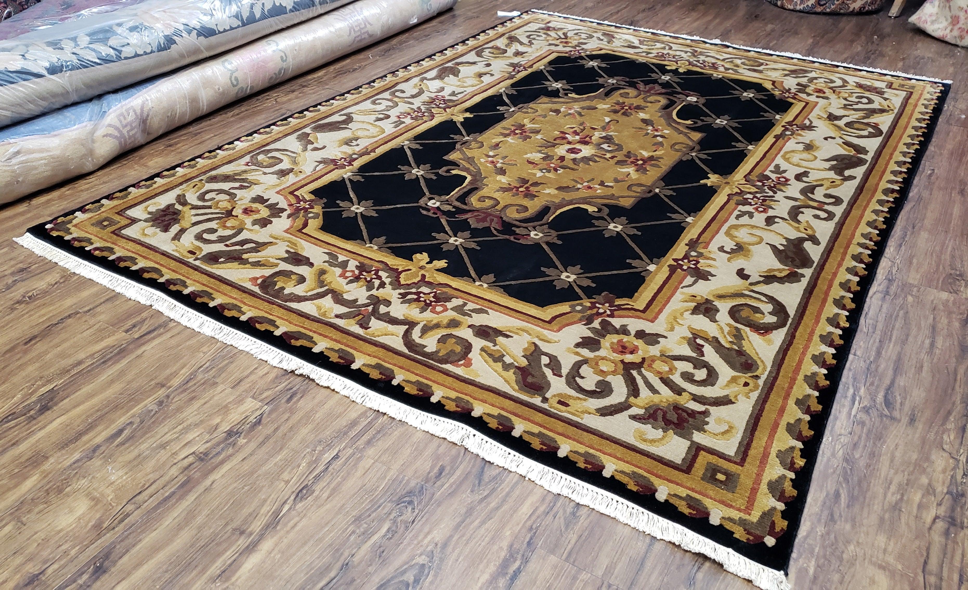 Nepal Rug 6x9, Nepalese Aubusson Area Rug 6 x 9, Hand-Knotted Wool Soft Pile Black & Beige Tibetan Aubusson New Carpet European Savonnerie - Jewel Rugs