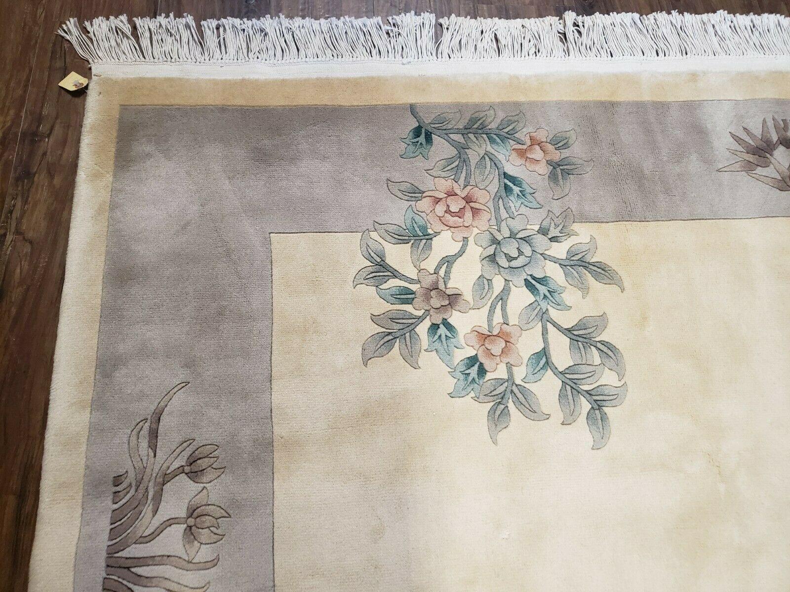 6' X 9' Vintage Handmade Chinese Art Deco 120 Lines Wool Rug Flowers Nice Ivory - Jewel Rugs