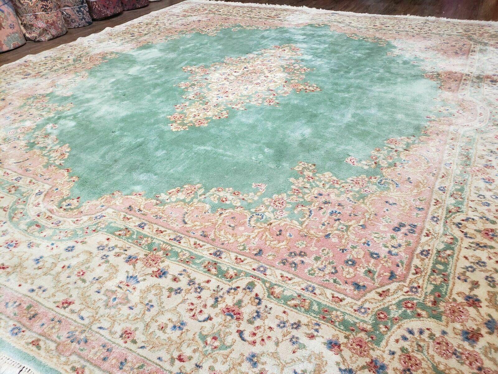 11' X 12' Handmade India Royal Kirman Wool Rug Hand Knotted Carpet Square Green - Jewel Rugs