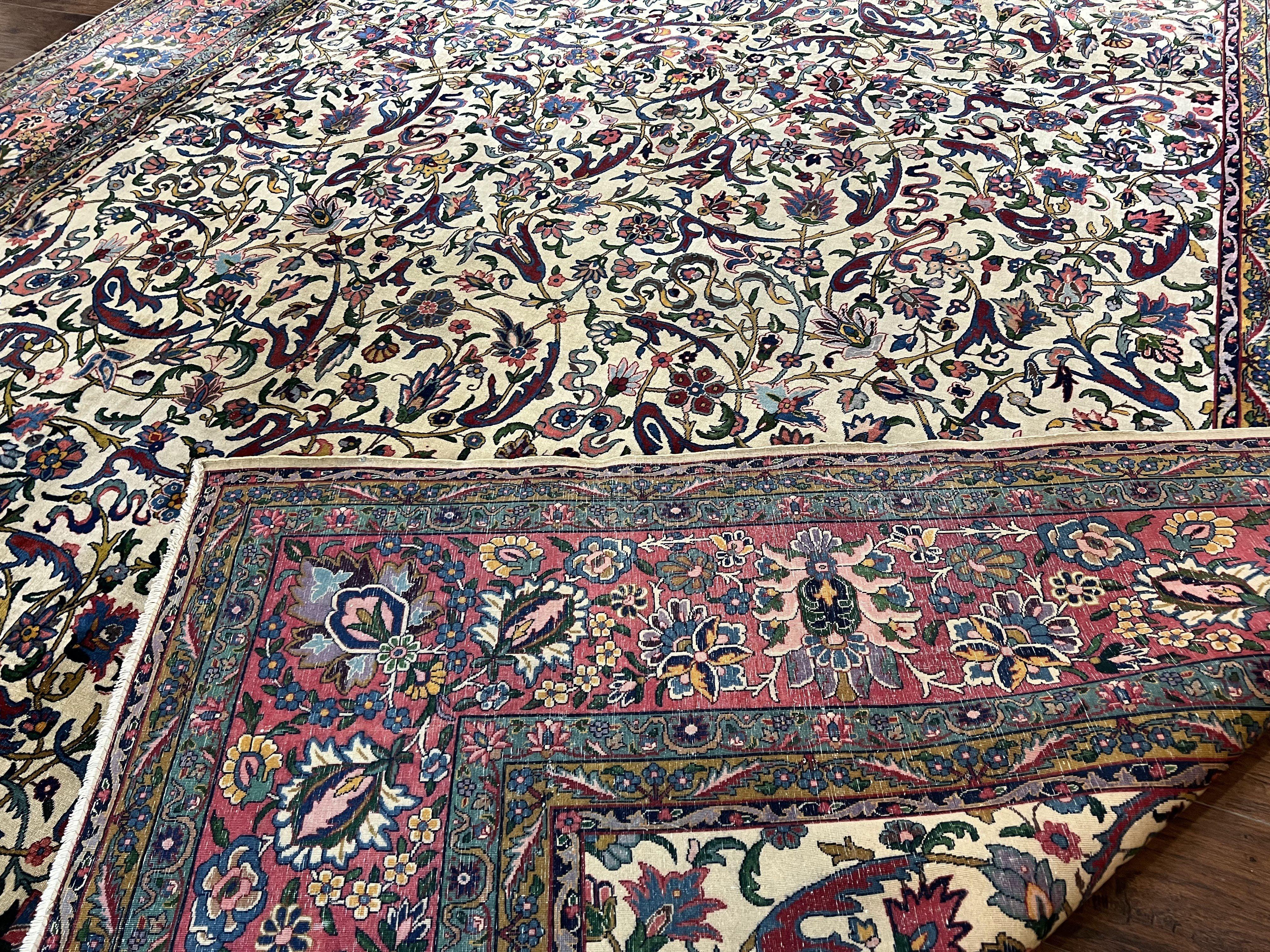 Rare Room Sized Persian Kirman Lavar Rug 10x15, Antique 1920s Persian Carpet, Allover Floral Design, Cream Red Blue, Highly Detailed, Wool - Jewel Rugs