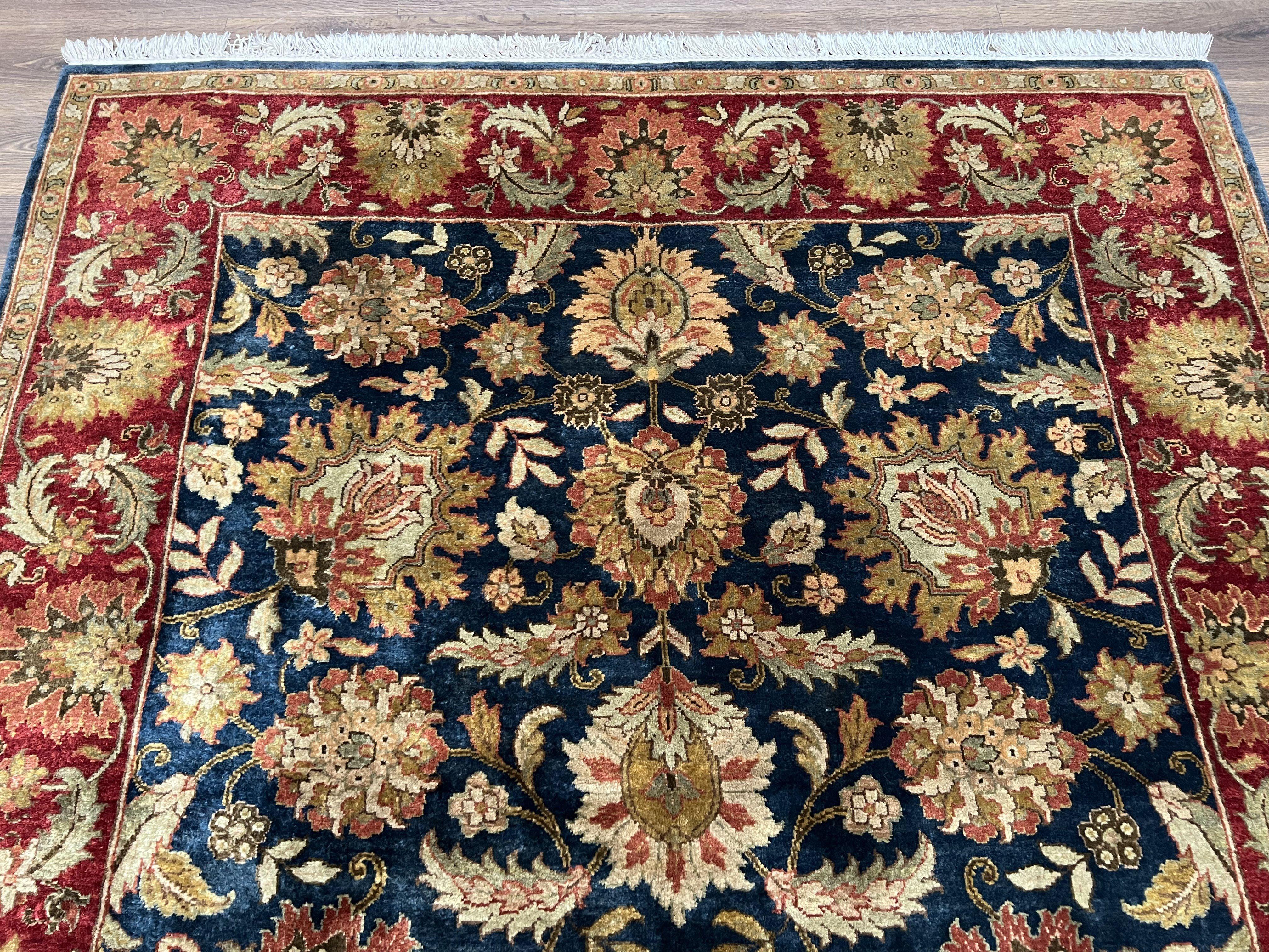 Indo Persian Rug 6x9, Mahal Sultanabad Carpet 6 x 9 ft, Hand Knotted Wool Oriental Rug, Floral Allover, Dark Blue-Green Red, Traditional Rug - Jewel Rugs