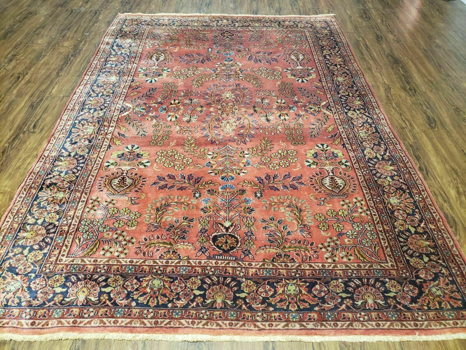 5' 6" X 8' Vintage Handmade Sarouk Design Floral Wool Rug Red Vegetable Dyes - Jewel Rugs