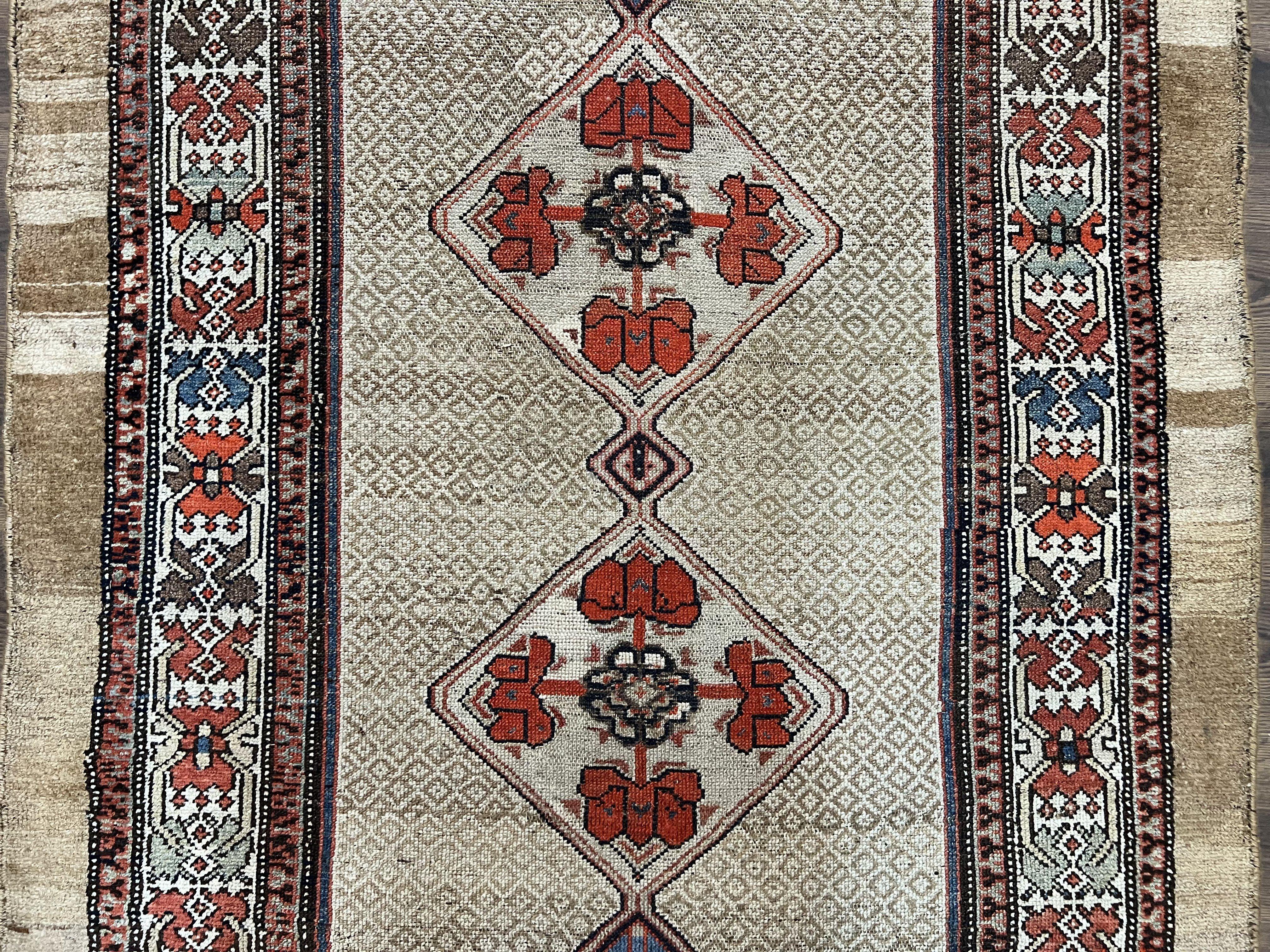 Rare Persian Tribal Runner Rug 4.5 x 10, Sarab Serab Kalegy Carpet, Antique 1920s Collectible Geometric Medallions Oriental Wool Runner, Hand Knotted, Camel Hair Color - Jewel Rugs