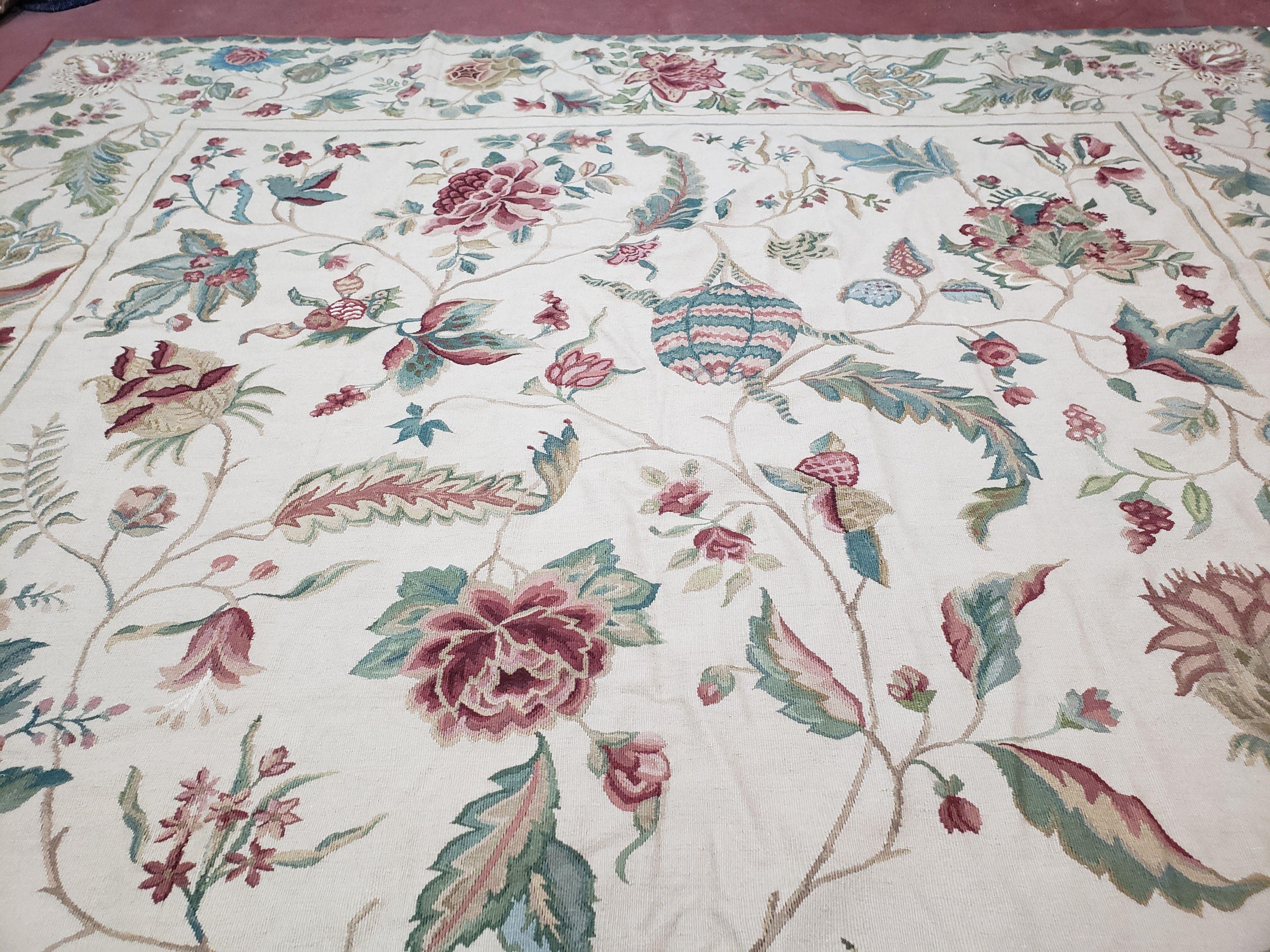 New Aubusson Rug, 10x13 Aubusson Rug, Hand-Woven Handmade, Floral Roses and Leaves, Beige/Ivory, Large Wool Flatweave Rug, 9x13 - 10x14 Rugs - Jewel Rugs