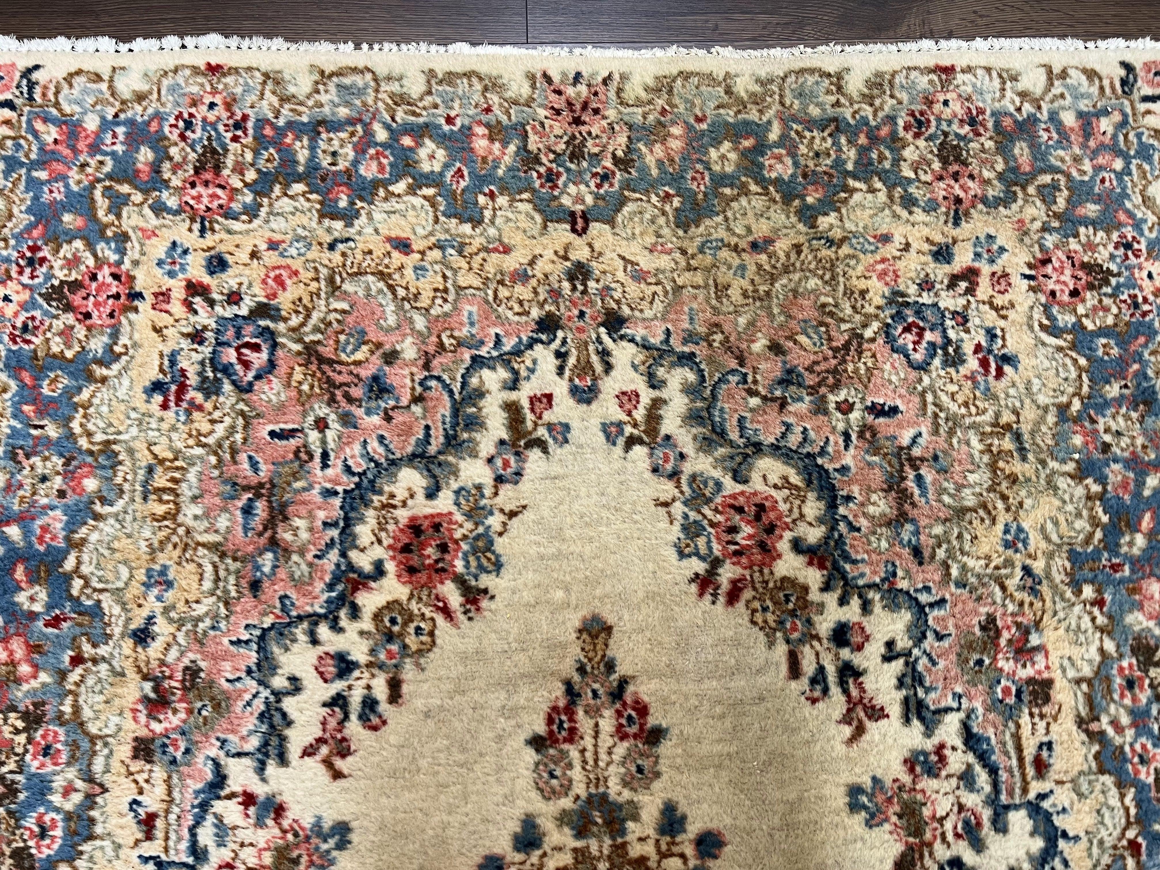 Persian Kirman Rug 4x7, Semi Antique 1950s Wool Oriental Carpet, Cream Light Blue Salmon Pink, Floral Medallion Semi Open Field Hand Knotted - Jewel Rugs