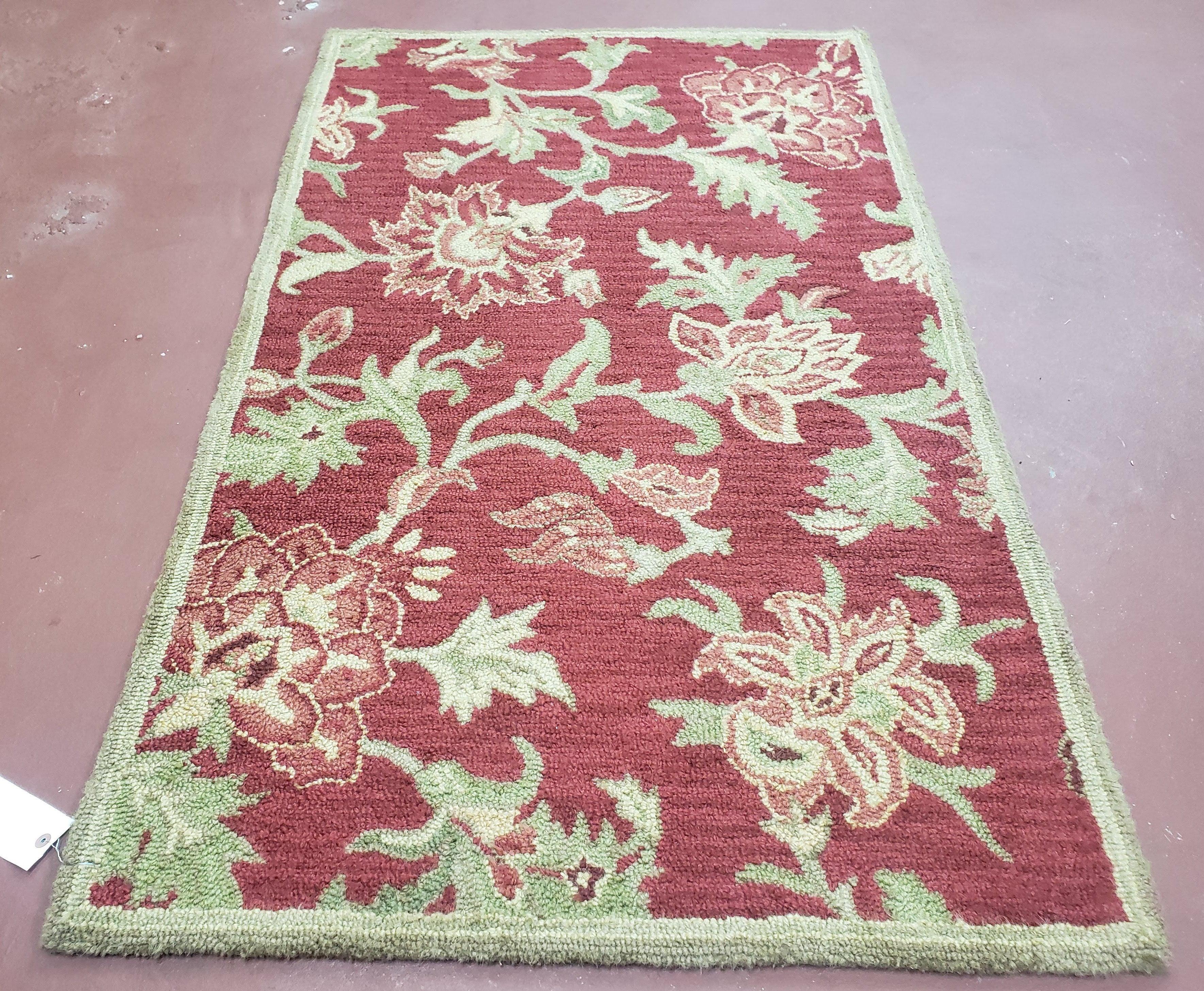 Pottery Barn Small Indian Handtufted Wool Rug 3x5, Red Floral Accent Carpet, Foyer Room Rug, Entryway Rug 3 x 5 ft - Jewel Rugs