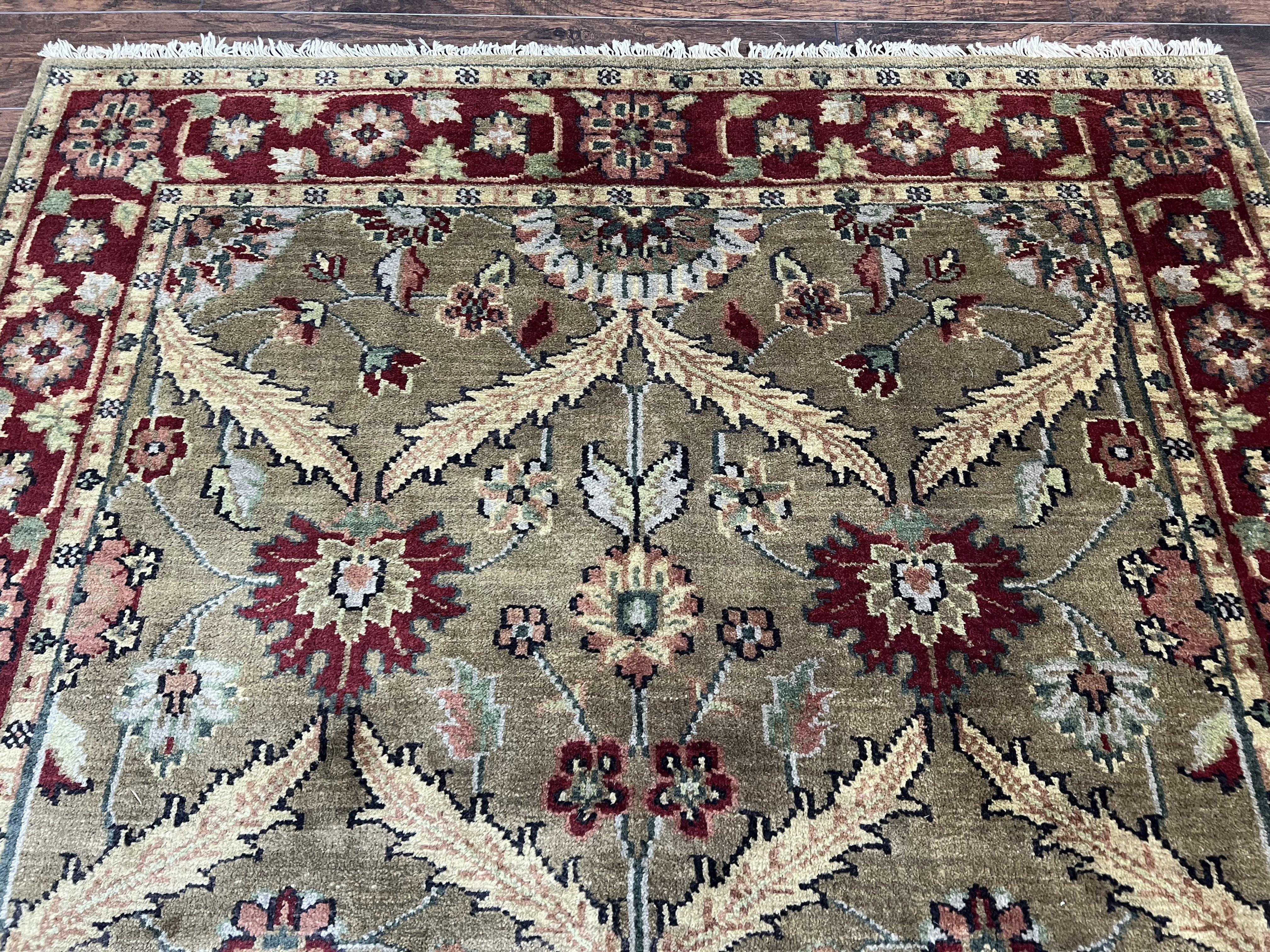 Vintage Indo Mahal Area Rug 5.7 x 9, Indian Persian Oriental Carpet, Green Maroon Beige Rug, Hand-Knotted, Floral Design, Wool, Medium Rug - Jewel Rugs