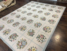 Needlepoint Rug 9x12, Panel Design, Cream and Light Blue, Floral Bouquets, Wool Flatweave Vintage Needlepoint Carpet 9 x 12 ft, Elegant Rug - Jewel Rugs