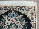 Fine Persian Runner 1.8 x 5, Persian Nain Carpet, Short Runner 5ft Long, Hand Knotted Wool and Silk Antique Rug, Floral Vases, Navy Blue and Ivory, Luxury Rug - Jewel Rugs