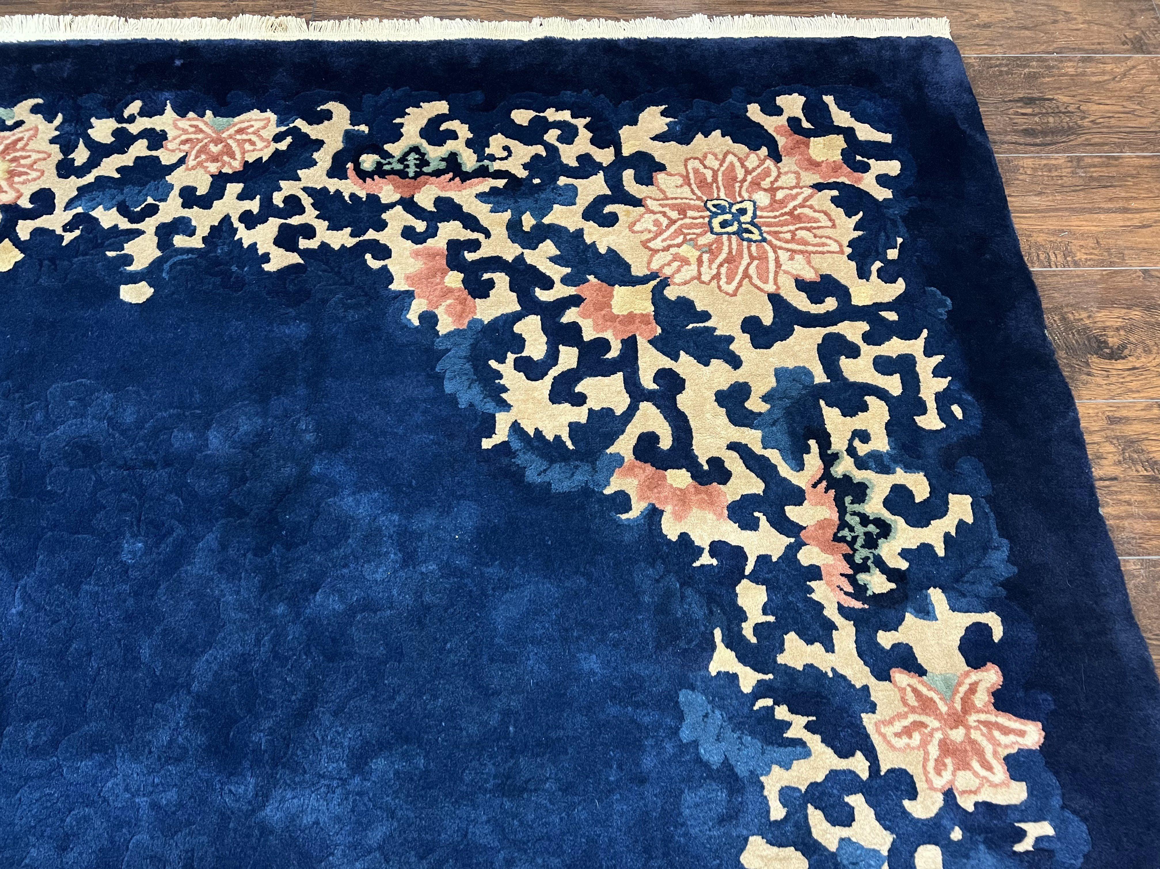 Chinese Art Deco Rug 9x12 Antique Rug 9 x 12 Nichol Rug, Peking Rug, Open Field Blue Chinese Carpet, Hand Knotted, Asian Oriental Rug Nice - Jewel Rugs