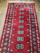 Vintage Bokhara Runner Rug 2.6 x 14, Wool Hand-Knotted Red & Ivory Pakistani Turkoman Yamud Hallway Carpet, Long Skinny Oriental Runner 14ft - Jewel Rugs