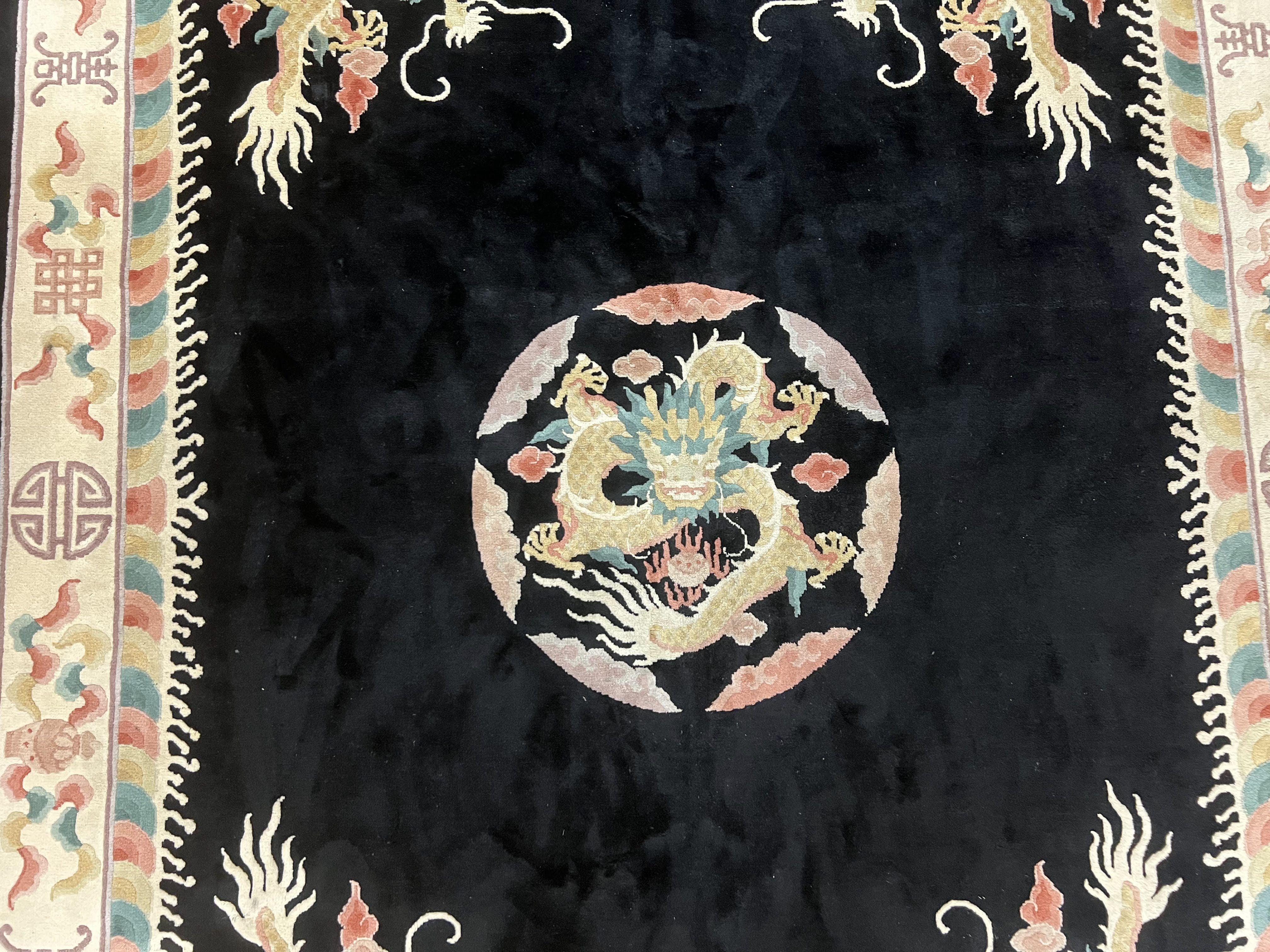 Chinese Wool Rug 8x11, Dragon Medallion and Dragon Corners, Black and Beige, Soft Wool, Asian Oriental Art Deco Carpet, Hand Knotted 90 Line - Jewel Rugs